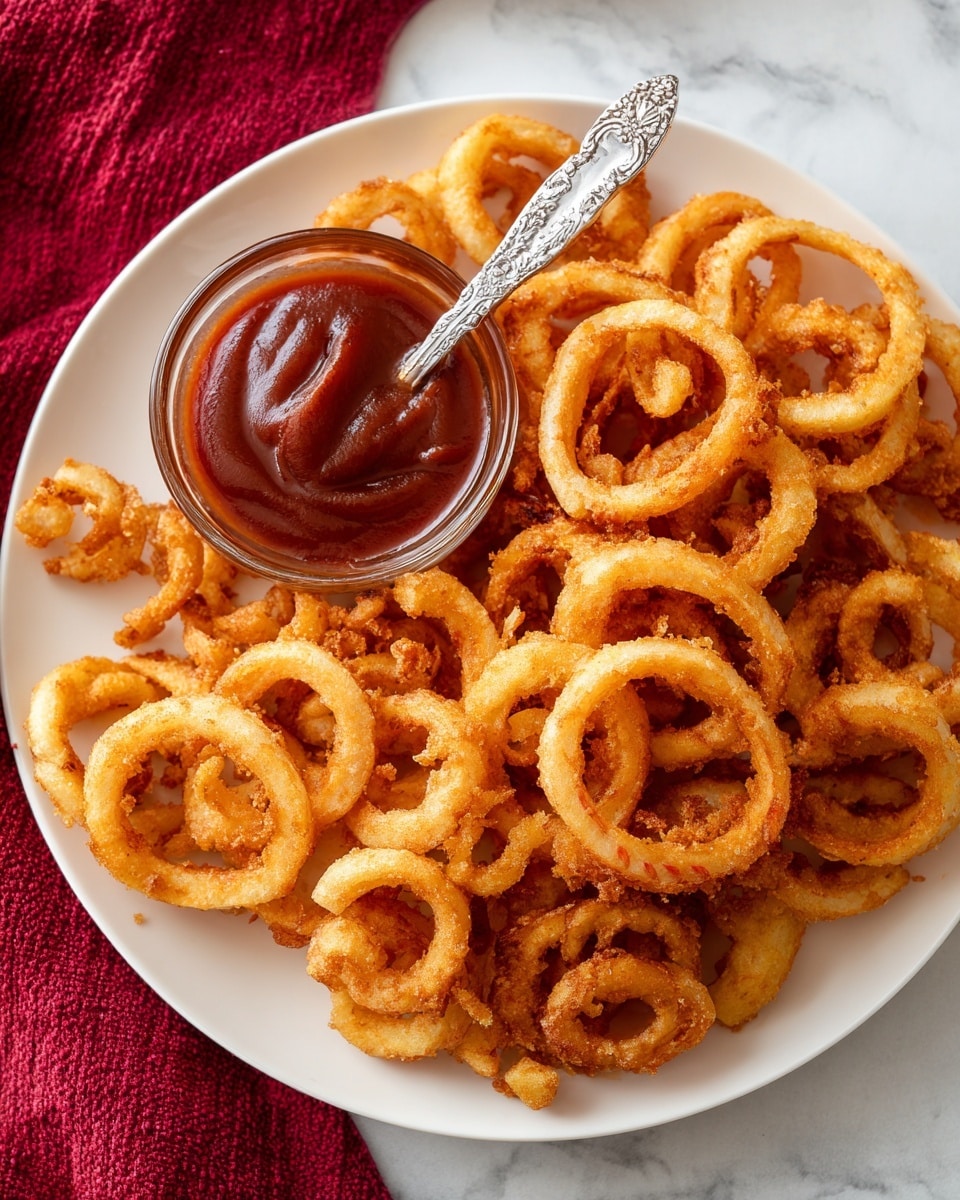 A round white plate filled with golden brown curly fries that have a crisp texture, arranged mostly around the edge of the plate. In the center, there is a small clear glass bowl filled with smooth reddish-brown dipping sauce, with a silver ornate knife resting inside it. The plate is set on a white marbled surface with a red textured cloth partially visible on the left side. photo taken with an iphone --ar 4:5 --v 7