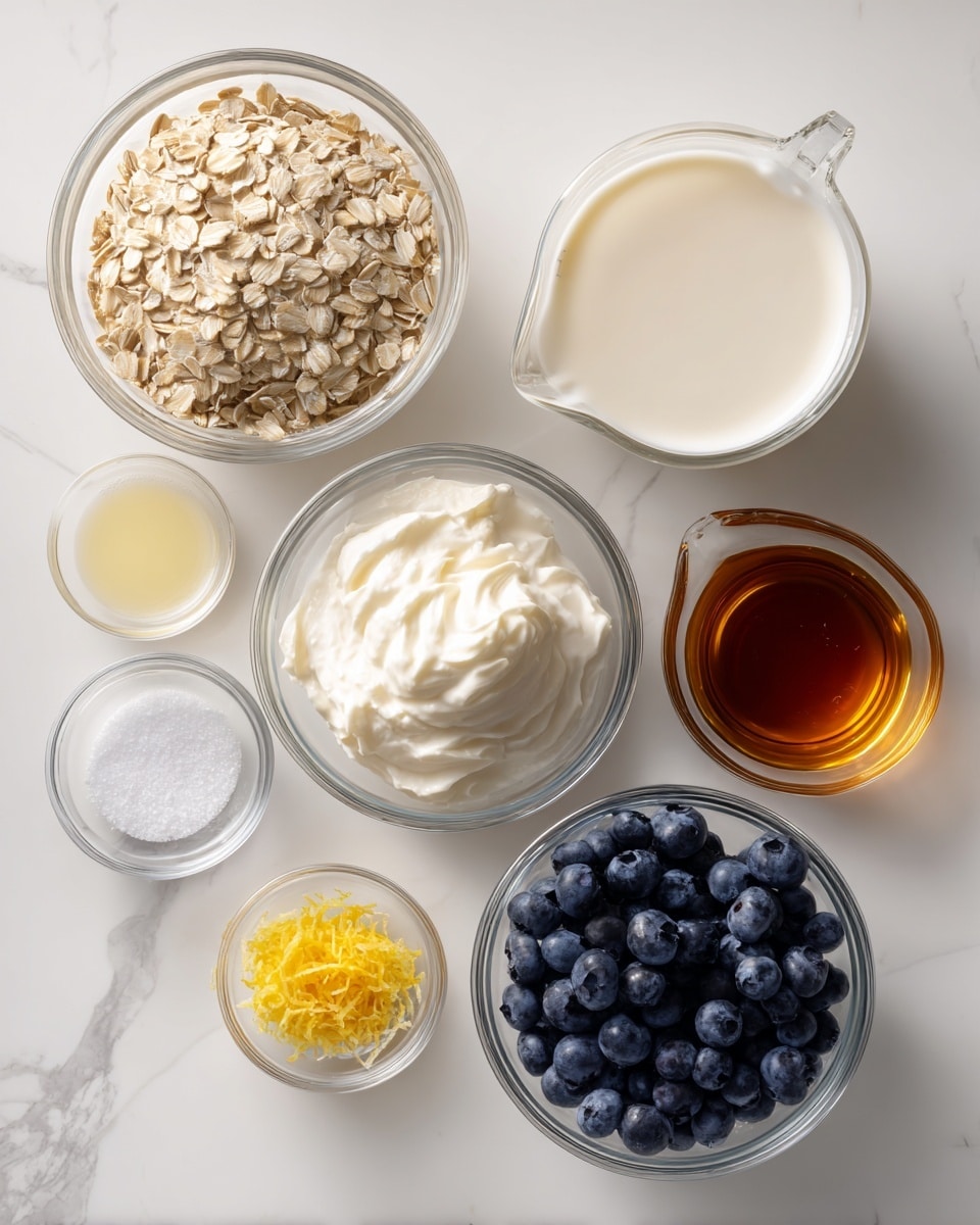 The image shows seven small bowls arranged on a white marbled surface. On the left side, a large clear glass bowl contains light beige rolled oats, its rough texture filling it almost to the brim. Above this, a medium clear glass measuring cup holds a smooth, off-white liquid, slightly opaque. To the right, a clear glass bowl is filled with thick, fluffy, white yogurt with a few soft peaks on top. In the center bottom, a tiny clear bowl contains fine white salt crystals. Below this, a small bowl has bright yellow lemon zest, shredded finely with a dry texture. Next to it, a small bowl holds pale yellow lemon juice, smooth and slightly shiny. Above this, in the middle of the image, a small clear glass measuring cup holds dark amber maple syrup, glossy and thick. On the right side, a medium clear glass bowl is filled with round, plump blueberries, dark blue with hints of purple and a matte finish. photo taken with an iphone --ar 4:5 --v 7