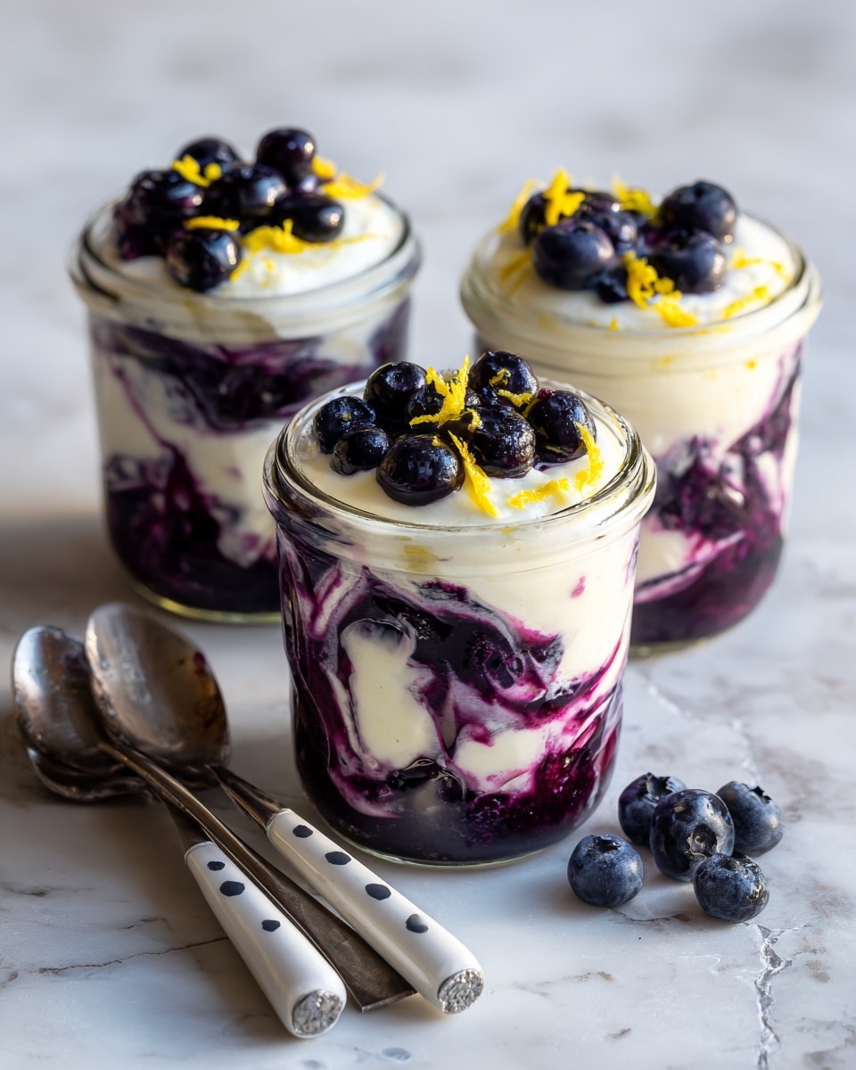 The image shows three clear glass jars filled with a dessert made of creamy white yogurt and deep purple blueberry sauce swirled together in about three layers, creating a marbled look. Each jar is topped with several whole blueberries and small bits of yellow lemon zest, adding color contrast. The jars sit on a white marbled surface with two metal spoons that have white handles with gray dots placed in front. The lighting is bright and natural, making the colors and textures stand out clearly photo taken with an iphone --ar 4:5 --v 7