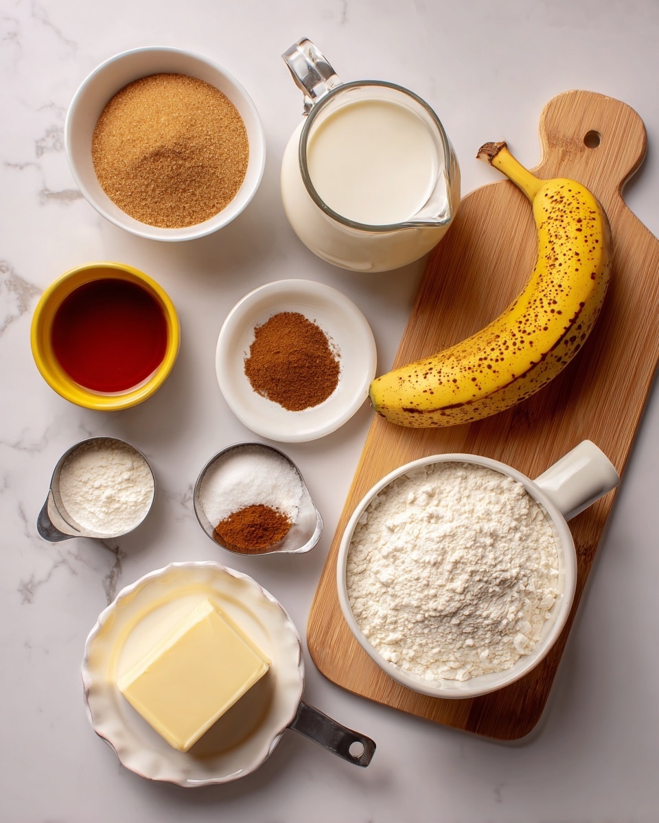 The image shows baking ingredients arranged neatly on a white marbled surface. There is a yellow spotted banana, partly peeled, placed on a light wooden board to the right. Above it, there is a glass pitcher with white liquid on the wooden board. Moving left, there is a white cup filled with brown sugar, a small yellow bowl with amber liquid, and a white small plate with four different powders: white salt, light brown cinnamon, white baking soda, and white flour. At the bottom, there is a white dish holding a block of butter, and two metal measuring cups filled with white flour and light brown flour. The scene is clean and well-lit, with all ingredients clearly visible. Photo taken with an iphone --ar 4:5 --v 7