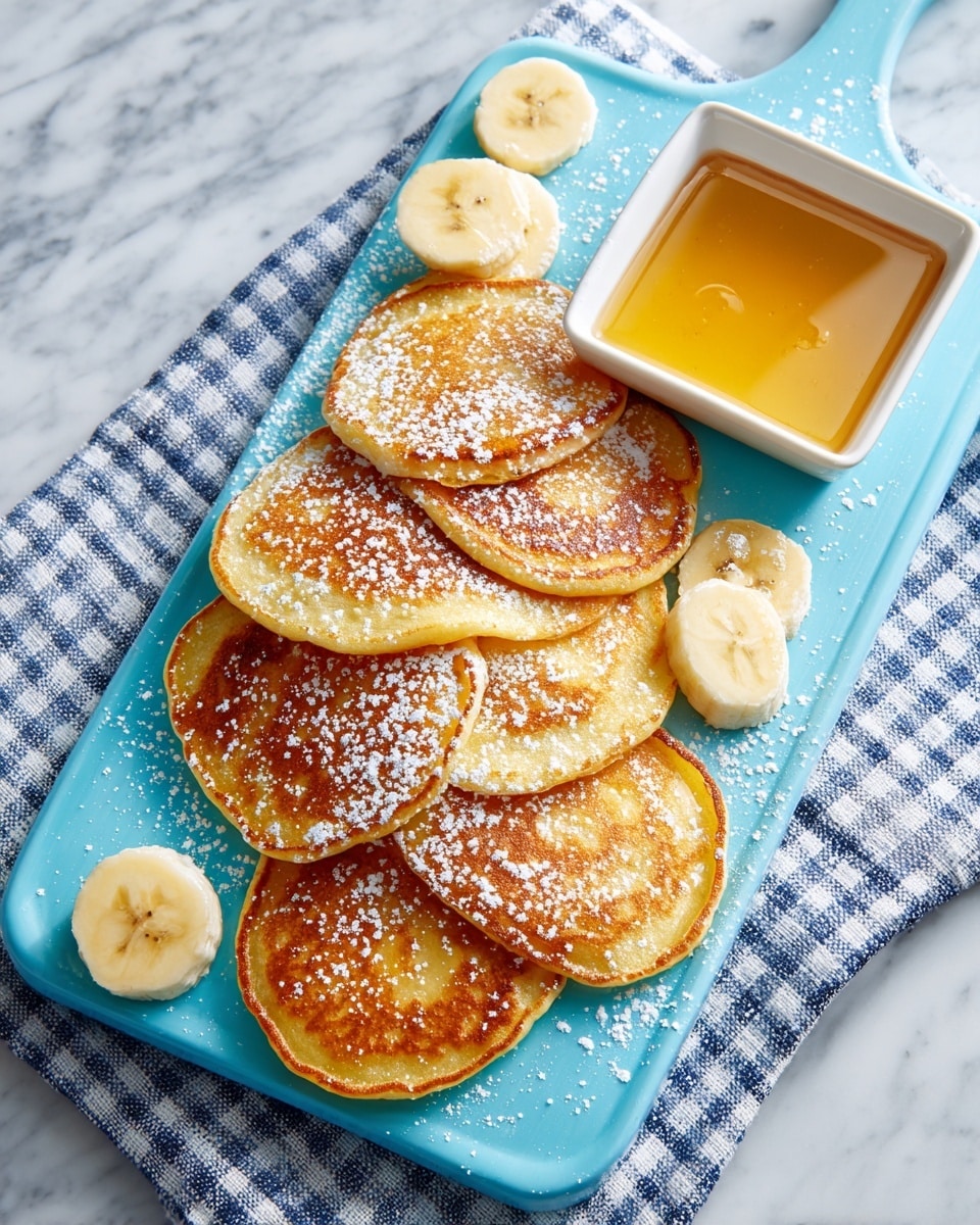 A light blue rectangular board holds a stack of small, oval golden-brown pancakes scattered unevenly in the center, each with a slightly crisp texture and sprinkled with powdered sugar. On the left and right edges of the board, there are three banana slices each, showing pale yellow flesh, slightly curved and smooth. On the top right corner of the board sits a small white square bowl filled with a golden syrup, which also drizzles lightly over some pancakes. The board rests on a white and blue checkered cloth on top of a white marbled surface. Photo taken with an iphone --ar 4:5 --v 7