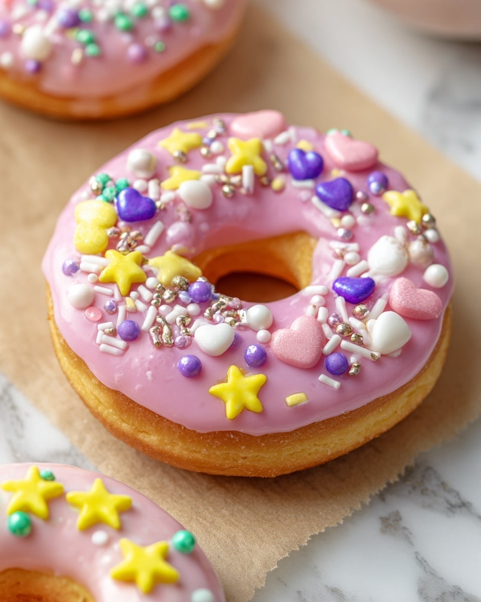 A close-up view of a donut with three main layers: the base layer is a golden-brown donut, the second layer is a smooth light pink glaze covering the top, and the top layer consists of colorful sprinkles including yellow, purple, and pink heart shapes, along with small white and purple round beads, and white stick-shaped sprinkles scattered evenly across the glaze. The donut rests on a piece of light brown parchment paper that sits on a white marbled surface. Part of another donut with a light pink glaze and yellow and green star-shaped sprinkles is visible at the bottom left. Photo taken with an iphone --ar 4:5 --v 7