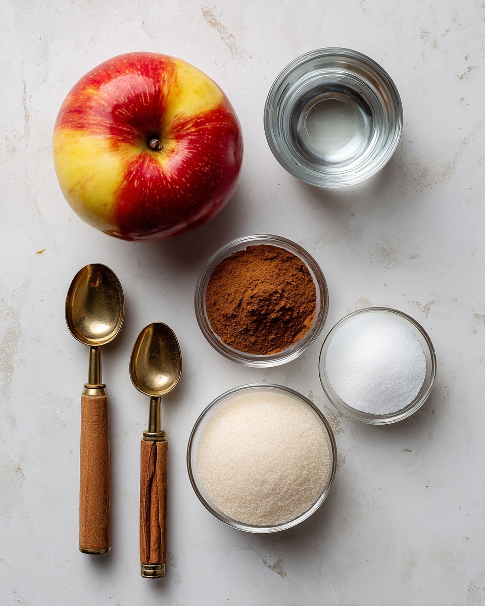 A flat lay of cooking ingredients arranged on a white marbled surface includes one red and yellow apple in the center, a small clear bowl with brown cinnamon powder above the apple, a silver metal cup with clear liquid to the right of the cinnamon, a clear bowl with white granulated sugar below the silver cup, another small clear bowl with light brown sugar below the apple, and two wooden-handled measuring spoons with brass heads placed on the left and bottom right corners of the image. photo taken with an iphone --ar 4:5 --v 7