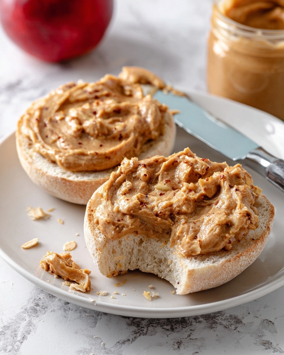 The image shows a white plate with two halves of a toasted English muffin. Both halves have a thick, chunky apple spread on top, in a light brown color with visible pieces of apple. One half has a bite taken out of it, with a few crumbs nearby. A light blue spreading knife with more apple spread rests on the plate above the muffin halves. The background is a white marbled texture, with a glass jar of apple spread and a red apple partially visible at the top left. Photo taken with an iphone --ar 4:5 --v 7