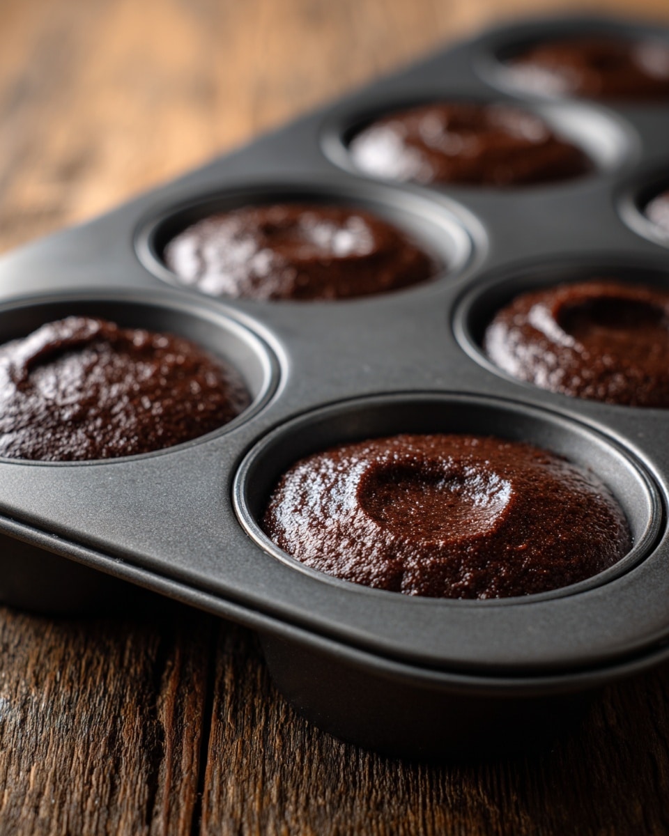 A close-up view of a dark metal donut baking tray filled with six thick layers of dark brown chocolate donut batter. The batter looks smooth and soft with slight glossy spots and is evenly spread into each circular mold with a round raised center. The baking tray is placed on a wooden surface with a blurred background. The image shows a rich and fresh texture of chocolate before baking. photo taken with an iphone --ar 4:5 --v 7