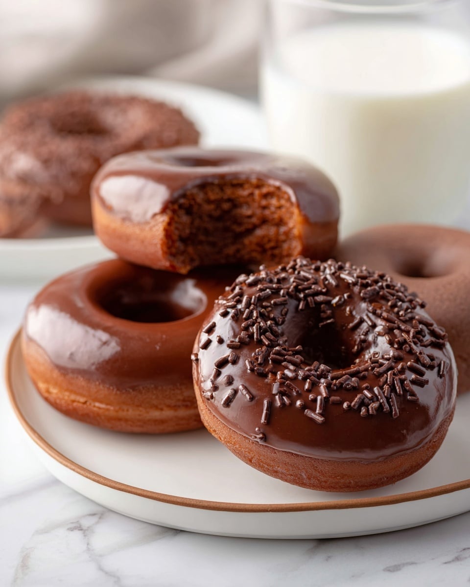A close-up view shows several chocolate donuts on a white plate with brown edge, placed on a white marbled surface. The front donut is coated in smooth chocolate glaze and topped with dark chocolate sprinkles, showing a glossy texture with some light reflections. Behind it, there are plain chocolate donuts with a matte look and one with a bite taken from it visible on the right. A glass container filled with milk is positioned softly blurred in the background, adding a white contrast to the dark donuts. photo taken with an iphone --ar 4:5 --v 7