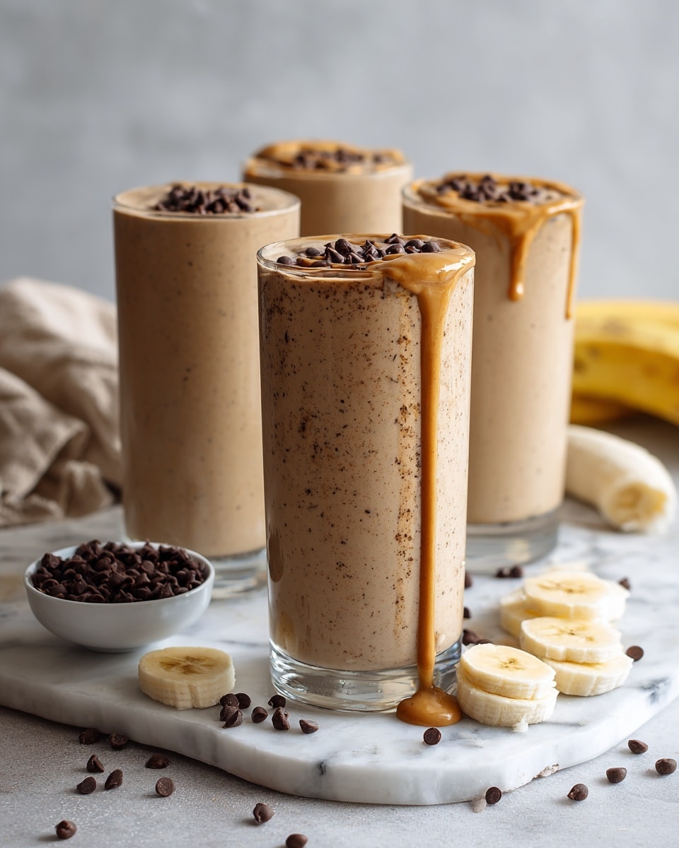 Two tall clear glasses filled with a creamy light brown smoothie sit on a white marbled surface. The smoothie is thick and smooth with a few tiny dark specks. One glass is closer, showing almond butter dripping down its side. Both glasses are topped with small dark chocolate chips and banana slices. Around the glasses, scattered chocolate chips and slices of banana add a casual feel, with a white bowl half visible filled with more chocolate chips and a beige cloth holding banana pieces in the background. Photo taken with an iphone --ar 4:5 --v 7