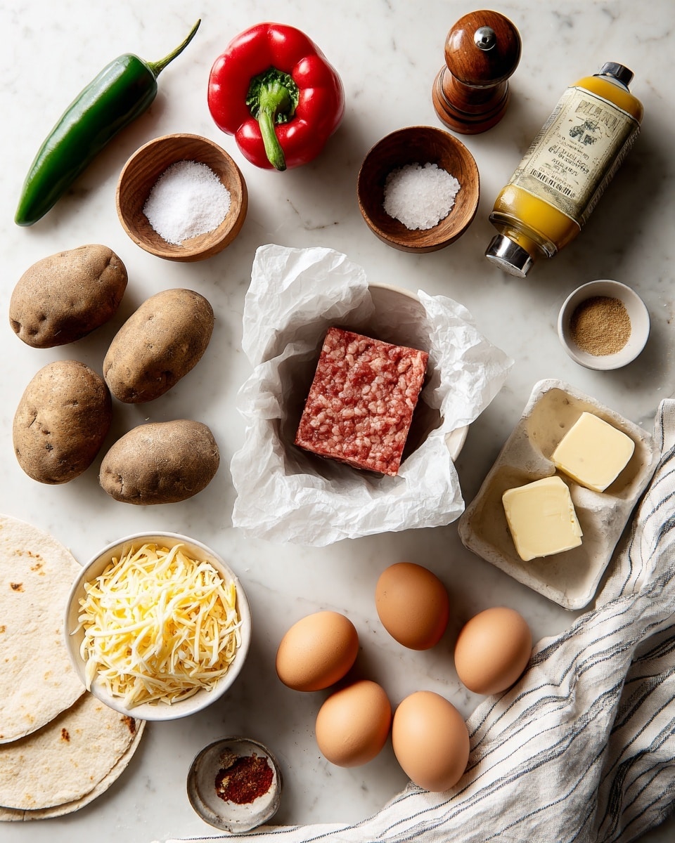 The image shows various cooking ingredients neatly arranged on a white marbled surface. There are three potatoes with rough brown skin and one red bell pepper alongside a green jalapeño pepper near the top left. Slightly left center, a small brown wooden bowl holds coarse salt, next to a wooden pepper grinder and a yellow-labeled bottle. In the center, a square block of ground meat with a reddish-brown texture sits on crinkled white parchment paper inside a white bowl. Below, a small white bowl holds shredded yellow and white cheese. To the right, a striped white and gray cloth is partly covering eight brown eggs scattered on the surface. Near the eggs are small containers with butter, two light-colored powders, and a red spice. A stack of white tortillas lies at the bottom left corner. photo taken with an iphone --ar 4:5 --v 7