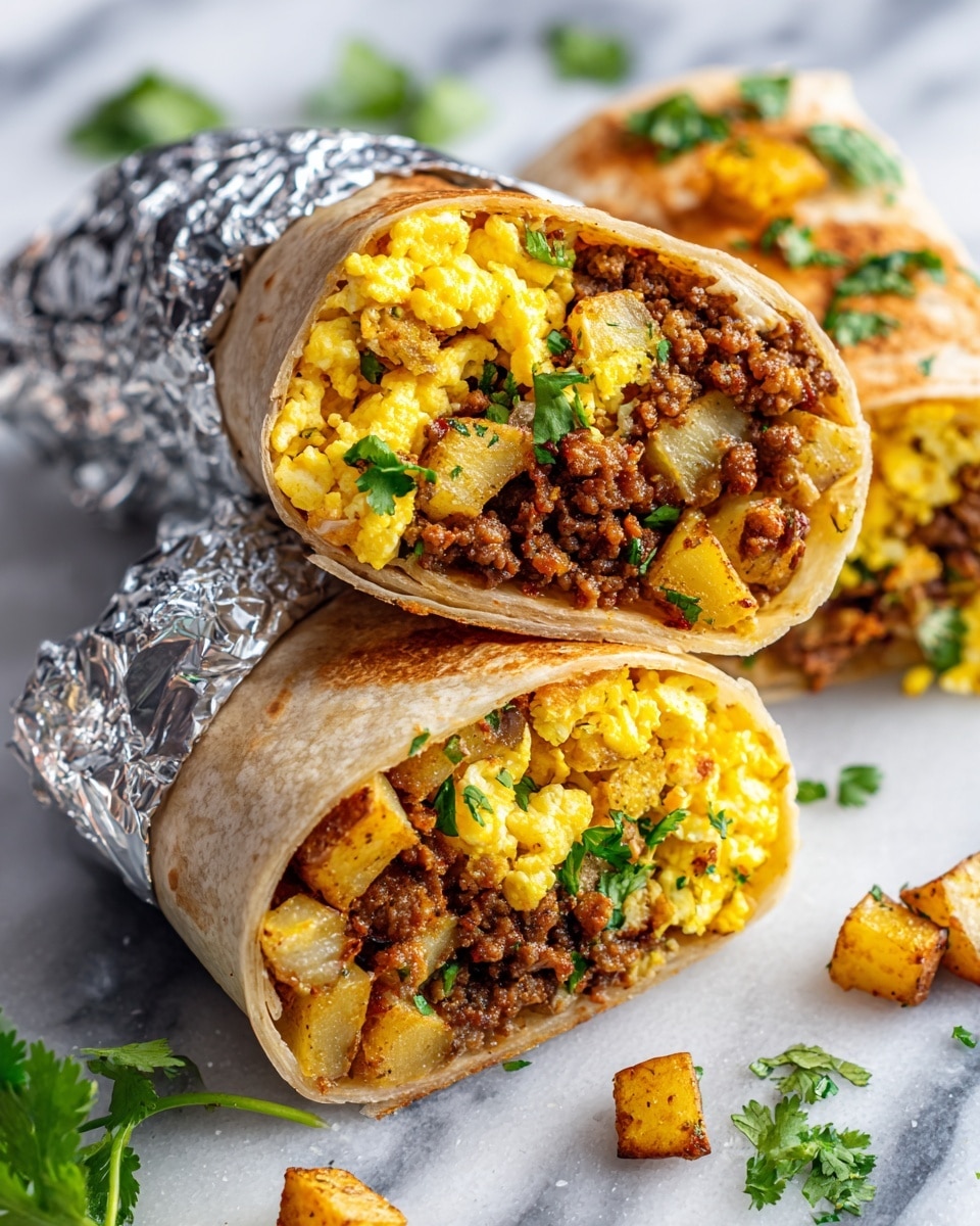 The image shows a close-up of two breakfast burritos wrapped in foil, resting on a white marbled surface. Each burrito is cut in half, displaying three main layers: a soft, light brown tortilla wrapped tightly around scrambled eggs that are yellow and fluffy, seasoned ground meat that is brown and crumbly, and golden roasted potato pieces with a crispy texture. The insides of the burritos are sprinkled with fresh green cilantro leaves, adding color contrast. Small bits of cilantro are scattered on the white marble surface nearby. The photo taken with an iphone --ar 4:5 --v 7