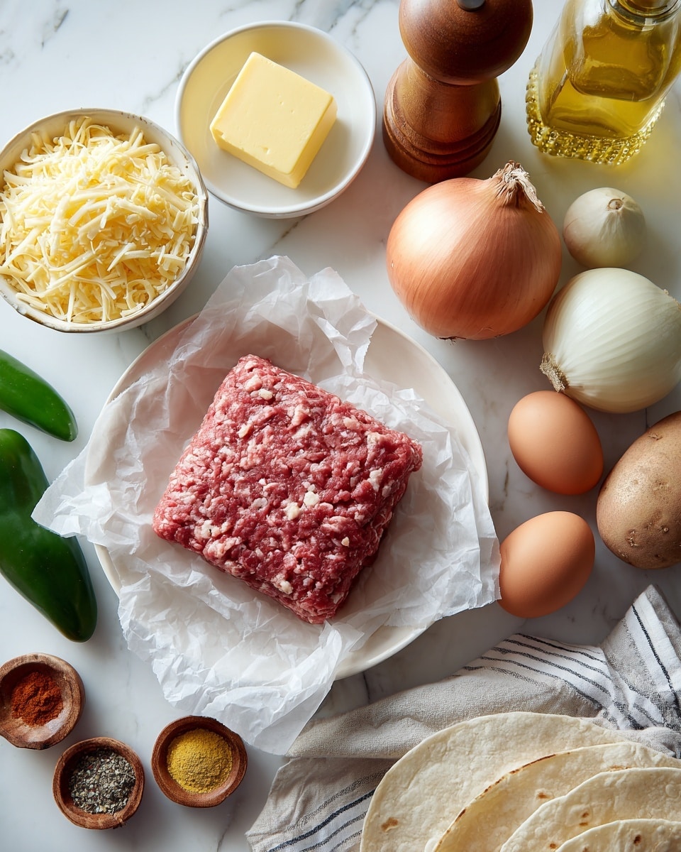 The image shows a white bowl lined with crumpled translucent parchment paper holding a square block of reddish-brown ground meat with visible white fat specks in the center right. Around it are three medium brown eggs resting partly on a soft striped white and gray cloth, a small white bowl with a bright yellow square of butter, and a round white bowl filled with shredded yellow and white cheese. Nearby are three light brown potatoes and a smooth red bell pepper, a round light brown onion, a dark green jalapeño pepper, and a small wooden bowl of coarse white salt. There is also a tall brown pepper grinder, a glass bottle with a yellow label, along with small glass bowls containing pale yellow spices and a dark reddish powder, and some soft white tortillas at the bottom. All items are placed on a white marbled surface. Photo taken with an iphone --ar 4:5 --v 7