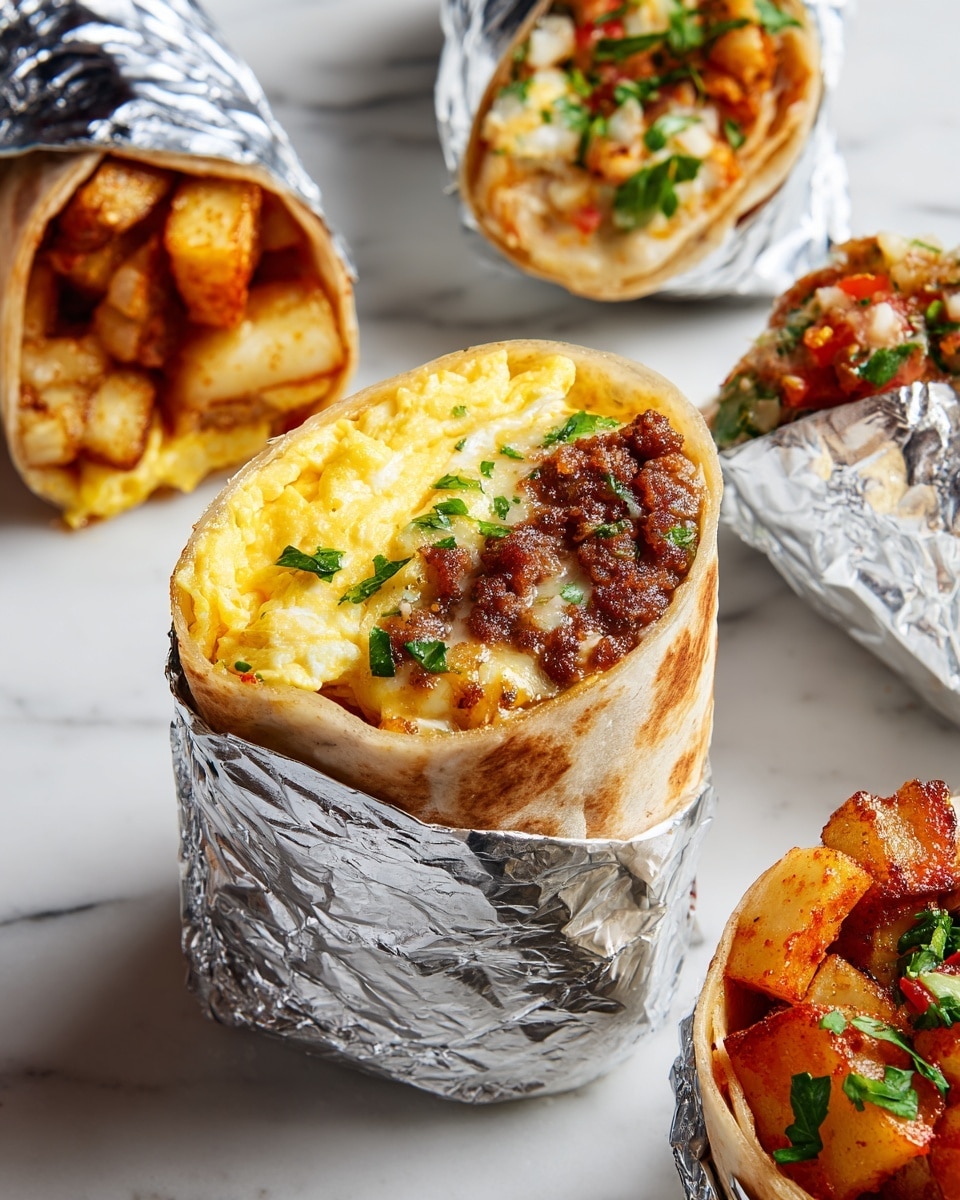 The image shows a close-up of a breakfast burrito wrapped in foil, positioned standing up on a white marbled surface. The burrito has three visible layers inside a soft, lightly browned tortilla: a fluffy, pale yellow layer of scrambled eggs on top left, a layer of golden brown fried potato pieces on the top right, and a layer of crumbly, reddish-brown cooked sausage at the bottom. Small green chopped herbs are sprinkled over the layers adding color contrast. Next to the burrito are partial views of other burritos also wrapped in foil and topped with herbs. The photo has bright, natural lighting and a sharp focus. Photo taken with an iphone --ar 4:5 --v 7