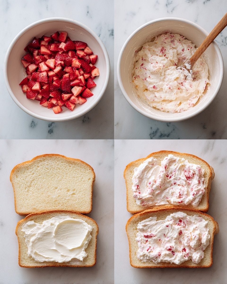 The image shows four steps of making a creamy strawberry spread sandwich. In the first step, a white bowl holds three separate layers: chopped bright red strawberries at the top, light golden honey on the right side, and thick white cream cheese at the bottom center. The second step shows the same bowl with the ingredients mixed together into a chunky cream-colored spread with tiny bits of red strawberry visible, and a wooden spoon resting on the right edge. The third step shows four slices of soft, light-yellow white bread on a white marbled surface, with the top two pieces spread unevenly with the creamy strawberry mixture, fresh and textured with red strawberry bits. The last step shows the same four bread slices without any spread. photo taken with an iphone --ar 4:5 --v 7