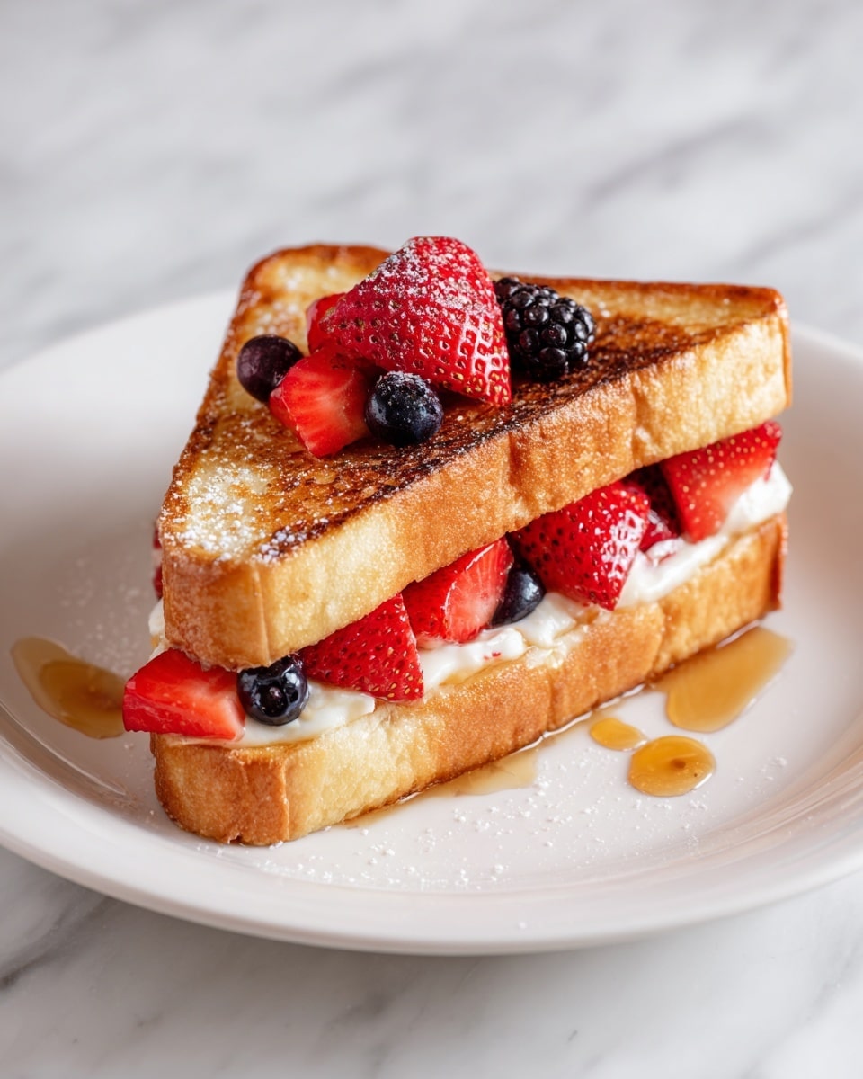 A white plate on a white marbled surface holds a sandwich cut diagonally into two layers. The sandwich bread is golden brown and toasted, with a slightly crunchy texture. The bottom layer shows a creamy filling with visible pieces of red strawberries, while the top layer has more fresh strawberry slices along with blackberries and blueberries carefully placed on top. A light drizzle of syrup or honey shines near the sandwich, adding a shiny amber touch around the plate. photo taken with an iphone --ar 4:5 --v 7