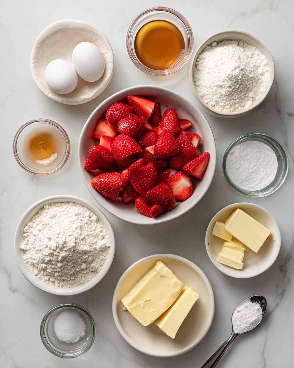 The image shows a white marbled surface with several white bowls and small glass containers arranged neatly. In the center, there is a white bowl filled with chopped bright red strawberries. Around it, there are smaller white bowls and glass jars holding various ingredients including white flour, granulated sugar, a raw egg, yellow butter, and white cream or milk. There is also a small glass bowl containing a light brown liquid, possibly vanilla extract, and a silver spoon with a small amount of white powder. Everything is arranged in an organized way as if preparing to cook or bake. photo taken with an iphone --ar 4:5 --v 7