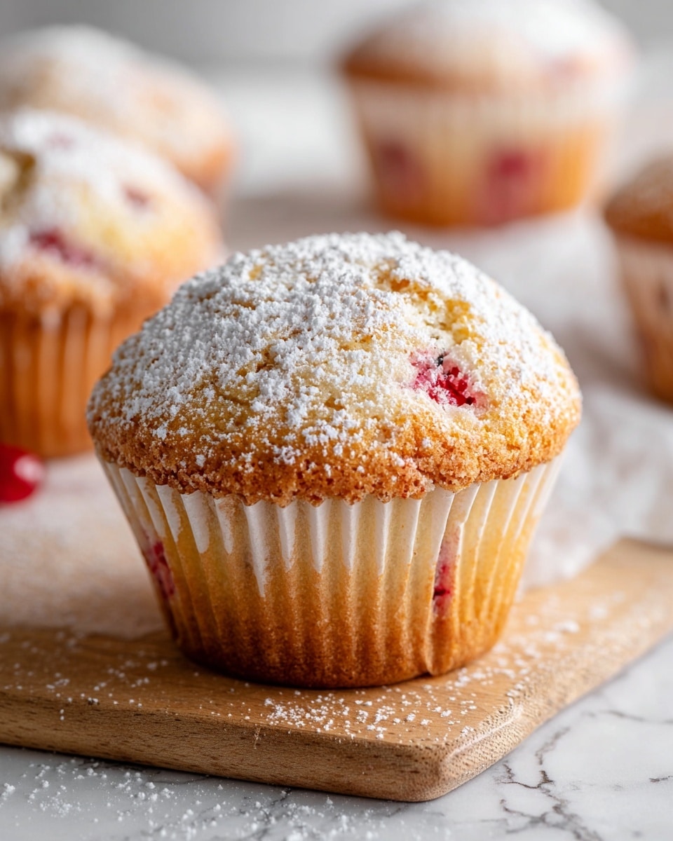 A single muffin with a golden-brown top dusted lightly with powdered sugar, showing soft, fluffy white cake inside with pieces of red fruit evenly spread throughout. The muffin sits on a light wooden board against a white marbled background, with a white muffin liner barely visible at the base. In the blurred background, there are more muffins in white liners. photo taken with an iphone --ar 4:5 --v 7