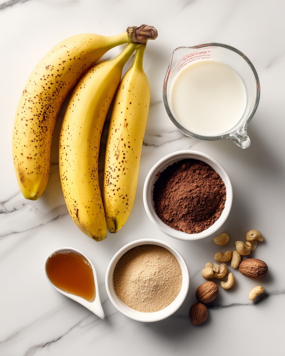 The image shows three whole bananas with yellow skin and brown spots, placed on the top left on a white marbled surface. Below the bananas, there is a small white bowl filled with dark brown powder, and next to it, another small white bowl with light brown powder, each bowl is side by side near the center of the image. To the right of these bowls, a woman’s hand is pouring white liquid from a clear glass measuring cup, and behind it, a few nuts are scattered. At the bottom left, there is a small white bowl with dark amber syrup next to the scattered nuts. The overall scene is bright and clean with soft shadows. photo taken with an iphone --ar 4:5 --v 7