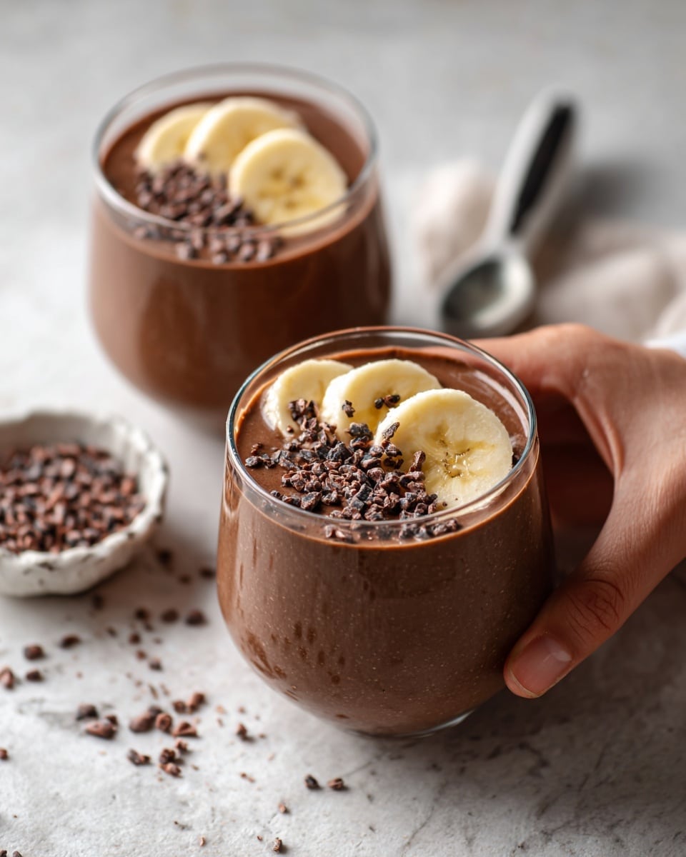 Two clear glasses filled with thick chocolate smoothie, showing creamy dark brown texture. Each glass has three round slices of banana on top, sprinkled with small dark brown pieces of cacao nibs. The glasses sit on a white marbled surface with soft natural light. A white spoon with black handle lies behind the glasses, and a small white bowl with more cacao nibs is nearby. A woman's hand holds one of the glasses gently. photo taken with an iphone --ar 4:5 --v 7