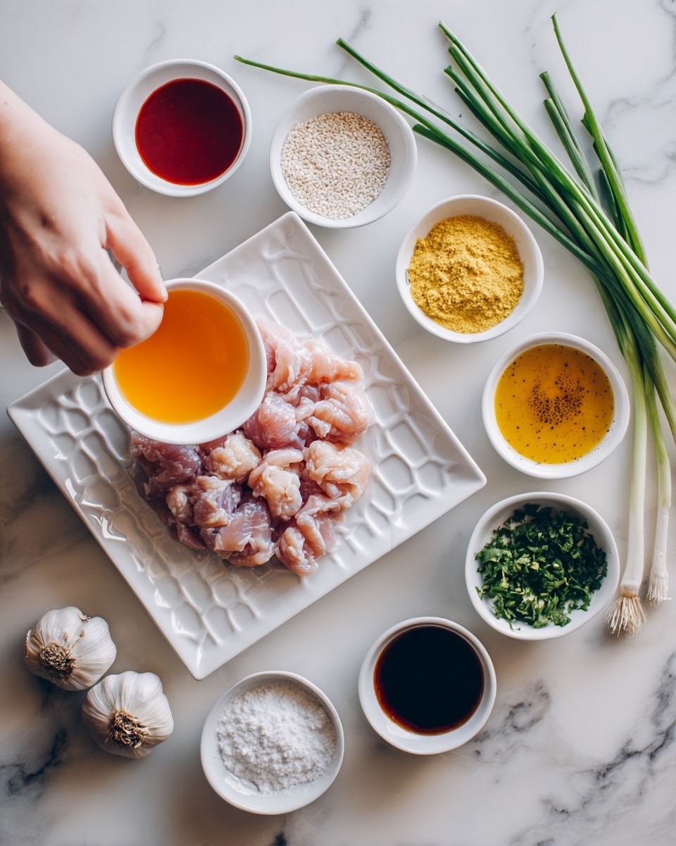A top-down view of raw chicken pieces placed in the center on a white square dish with a honeycomb design underneath. Around the plate, various small white bowls hold different ingredients: orange sauce, red sauce, soy sauce, mustard yellow sauce, white flour, sesame seeds, chopped green herbs, and granulated sugar. A woman's hand is about to pour some orange sauce from a white small bowl. Raw garlic cloves and green onion stalks rest on a white marbled surface. The arrangement is neat and colorful with natural lighting. Photo taken with an iphone --ar 4:5 --v 7