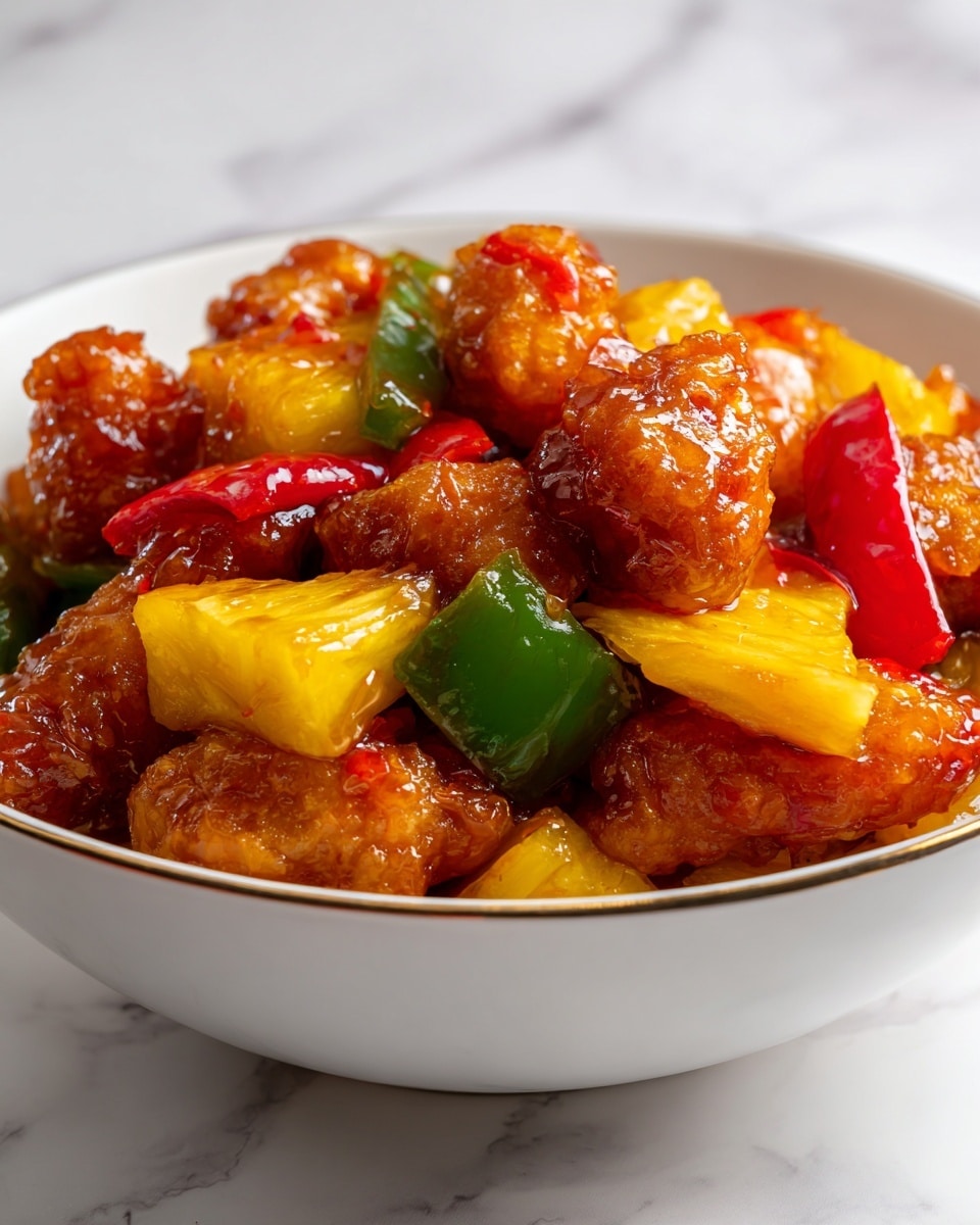 The image shows a close-up of a white bowl filled with a colorful dish. The dish has several layers, starting with golden-brown, crispy fried pieces covered in a shiny, sticky sauce. Mixed within the fried pieces are bright yellow chunks of pineapple, vibrant red bell pepper pieces, and green bell pepper pieces, adding a fresh and colorful contrast. The textures range from crispy and glossy to soft and juicy from the pineapples and peppers. The bowl is placed on a white marbled surface. photo taken with an iphone --ar 4:5 --v 7