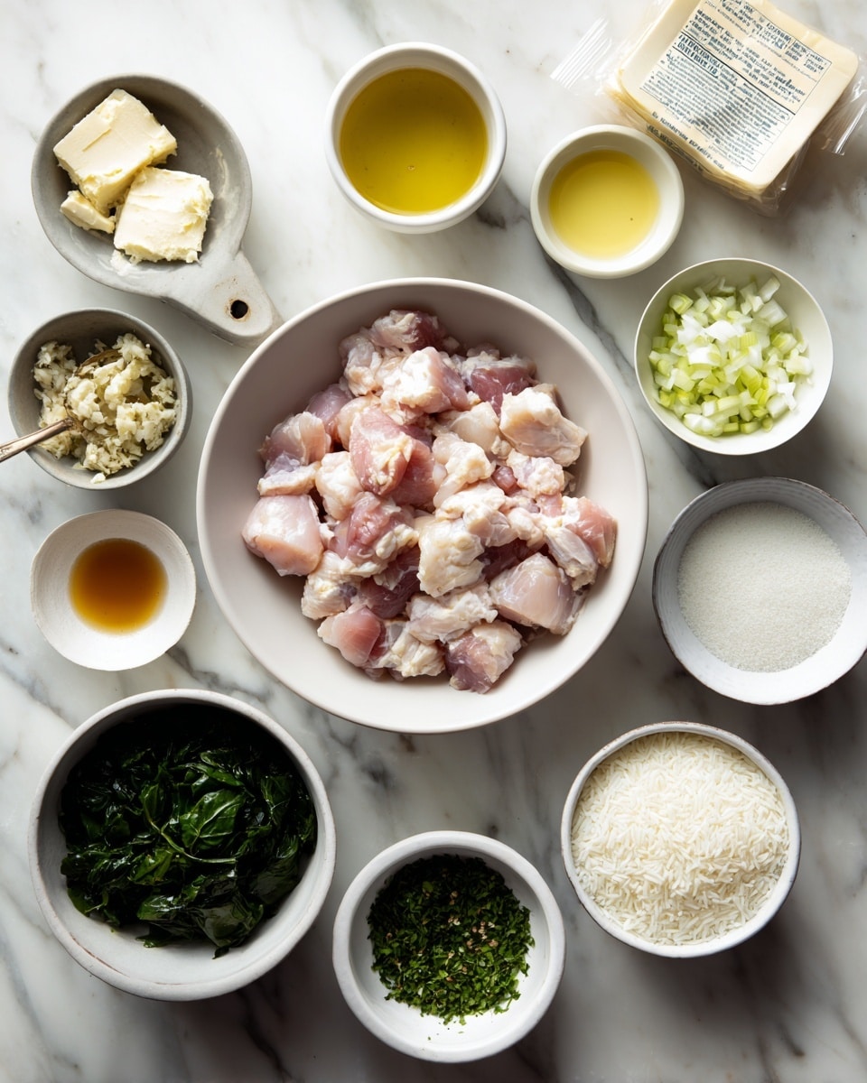 The image shows a white bowl in the center filled with raw, light pink chicken pieces. Around it are several small white bowls and dishes. There is a large white bowl at the bottom left filled with dark green leafy spinach. To the bottom right is a small white bowl with finely chopped green herbs. Above the herbs is another small white bowl with chopped pale green vegetables. On the top right is a small white bowl with white grated cheese or coconut. To the middle right is a small white bowl with white rice. To the right center is a small white bowl containing a light brown liquid. Surrounding these bowls are other small containers holding light yellow butter, white yogurt, olive oil, and light-colored spices. A packet of cream cheese is placed at the upper right on a white marbled surface. A woman's hand is holding a small bowl of minced garlic on the left side. The whole setup is on a white marbled background. The photo taken with an iphone --ar 4:5 --v 7
