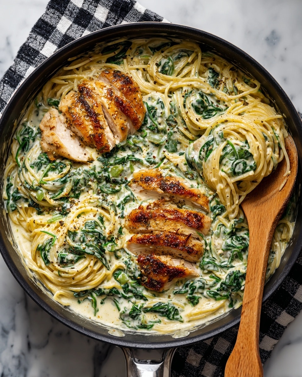 A black pan filled with cooked spaghetti layered with creamy white sauce mixed with bright green spinach spread evenly. On top, there are two curved pieces of golden brown grilled chicken slices placed near the center, showing a slightly crispy outside texture. A wooden spoon rests inside the pan on the right, partially touching the food. The pan sits on a black and white checkered cloth over a white marbled textured surface. Photo taken with an iphone --ar 4:5 --v 7