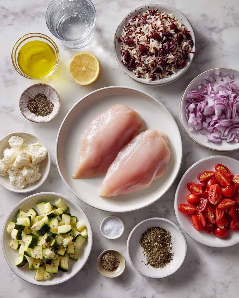 The image shows a white marbled surface with several small white bowls and a plate arranged neatly. In the center, a white plate holds two raw chicken fillets with a light pink color and smooth texture. Surrounding this plate are small white bowls filled with various ingredients: chopped green zucchini pieces, dark red olive slices, bright red chopped tomatoes, thinly sliced purple onions, a mixture of wild rice with a dark brown and light beige mix, a yellow lemon, a small mound of white cheese crumbles, a small bowl of olive oil, and tiny bowls with salt, dried herbs, and black pepper. A clear glass of water is also visible at the top edge. The whole setup is clean and organized, ready for cooking. photo taken with an iphone --ar 4:5 --v 7
