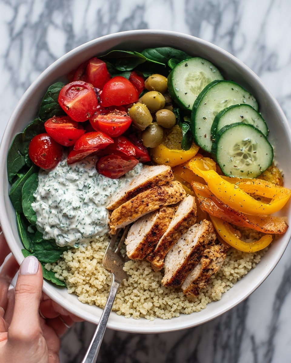 A white bowl is filled with several distinct layers of food arranged neatly; on the bottom right, there is light tan couscous with sliced grilled chicken placed on top, having a golden brown texture. To the left of the chicken, there are bright red cherry tomatoes, halved and juicy. Above the tomatoes, fresh green spinach leaves add a leafy texture. On the top right side of the bowl, there are yellow and red roasted bell pepper slices with a slight char, next to some green olives scattered around. Thin cucumber slices form a curved line along the inner edge of the bowl. A dollop of white tzatziki sauce with hints of green herbs is near the couscous. A silver fork with a woman's hand holding it rests on the lower side beside the bowl. The background is a white marbled texture. photo taken with an iphone --ar 4:5 --v 7