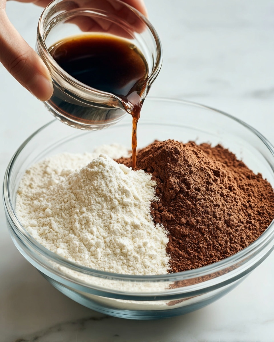 A clear glass mixing bowl sitting on a white marbled surface contains two piles of powder: one is white and the other is dark brown, likely flour and cocoa powder. A woman's hand is holding a small glass cup with a dark brown liquid, pouring it gently into the bowl from above. The powders have a soft, fine texture and are placed side by side inside the bowl, ready to be mixed with the liquid. The scene is well lit with natural light. Photo taken with an iphone --ar 4:5 --v 7