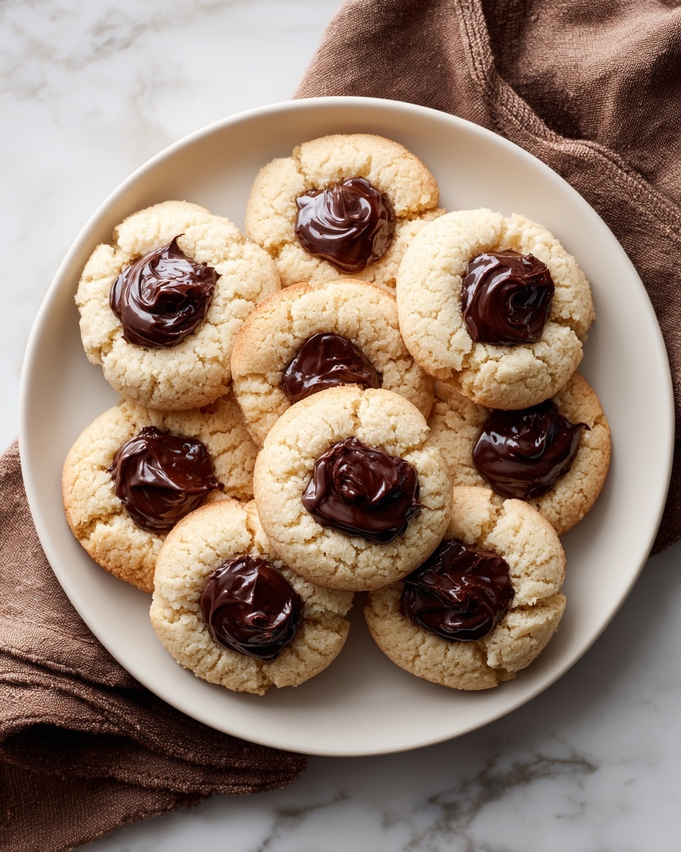 A round white plate with about twelve small cookies arranged in a circular pattern. Each cookie has a light golden color with a smooth texture and a slightly raised edge. In the center of each cookie, there is a dollop of thick dark chocolate that looks shiny and glossy. The plate is placed on a white marbled surface with a brown cloth draped around it. The scene is softly lit, showing the contrast between the light cookies and the dark chocolate centers. photo taken with an iphone --ar 4:5 --v 7