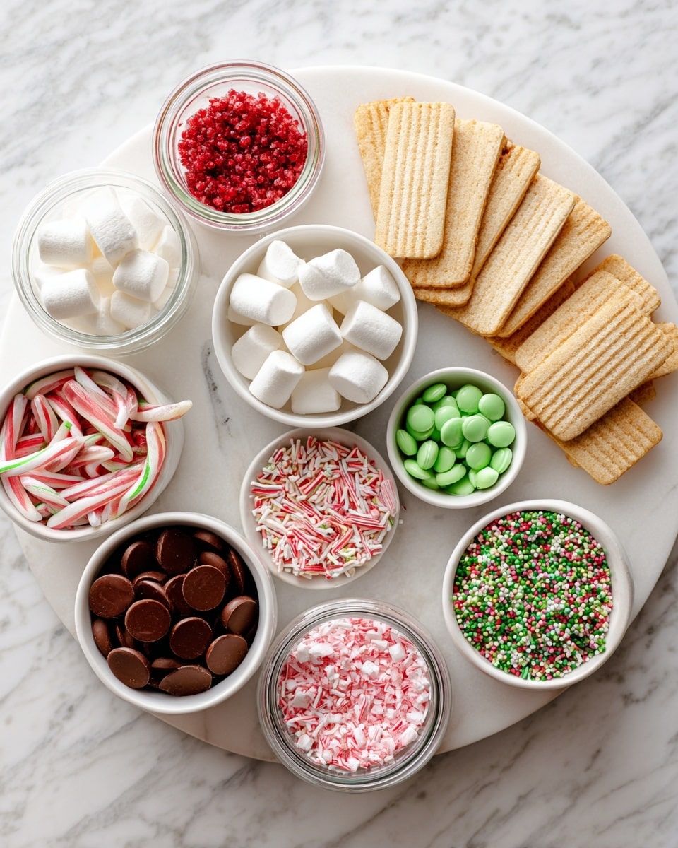 A top view of a white round plate filled with rectangular beige wafers on a white marbled surface. Around the plate are six small white bowls and two small clear jars. The bowls contain small white marshmallows, red round candies, brown flat round chocolates, green round candies, and crushed pink and white peppermint bits. The jars have colorful round sprinkles and long chocolate sprinkles. The arrangement is neat and colorful, showing a variety of textures and shapes. photo taken with an iphone --ar 4:5 --v 7