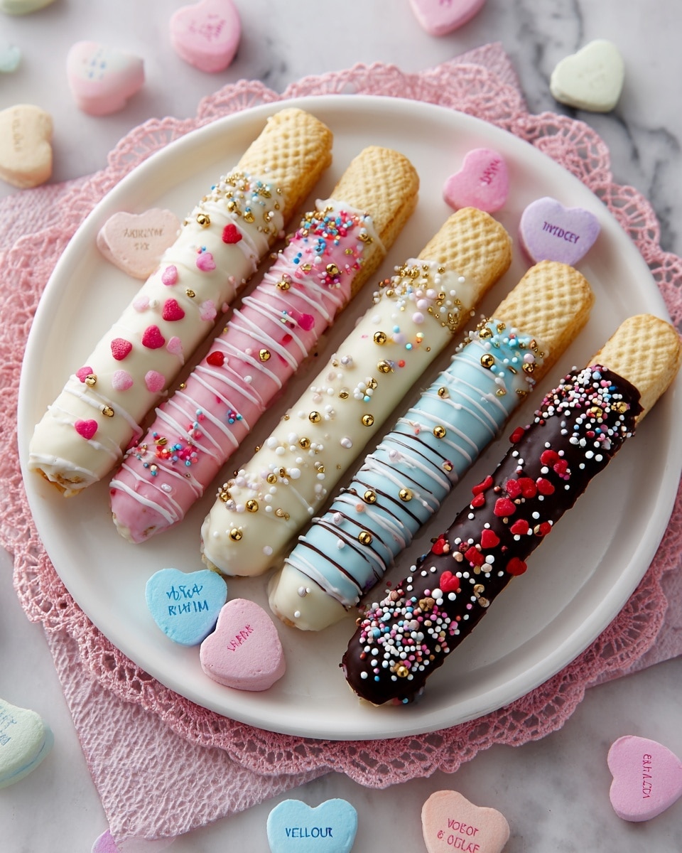 Five wafer sticks lie on a round white plate with a pink doily underneath. Each wafer stick has a light beige, crisscross textured top layer and the bottom half dipped in different colors of smooth chocolate coatings—white chocolate with pink drizzle and gold pearls, dark chocolate with white drizzle and chocolate sprinkles, white chocolate with blue drizzle and various colorful sprinkles including red hearts, and dark chocolate with pink and gold sprinkles plus red hearts. Scattered around the plate are pastel-colored heart-shaped candies with short messages printed in pink. The plate sits on a white marbled surface. Photo taken with an iphone --ar 4:5 --v 7