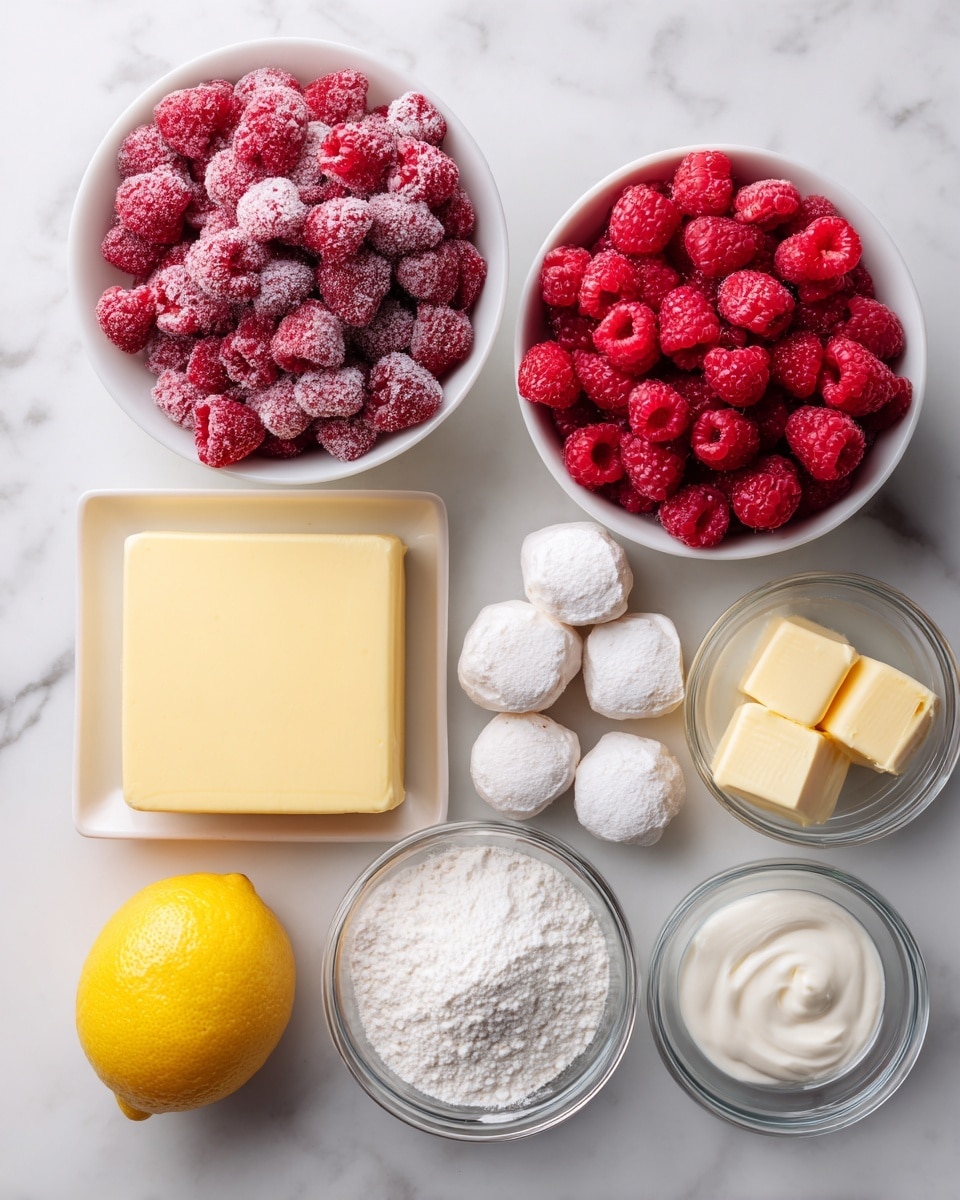 The image shows two white bowls at the top filled with raspberries on a white marbled surface; the bowl on the left has raspberries covered in frost while the bowl on the right has fresh bright red raspberries. Below the bowls, from left to right, there is a white square of butter, a whole yellow lemon, two round clear dough balls stacked side by side, two cubes of butter, a small clear bowl of cream, a small clear bowl of white flour, and a larger clear bowl filled with white sugar. Photo taken with an iphone --ar 4:5 --v 7