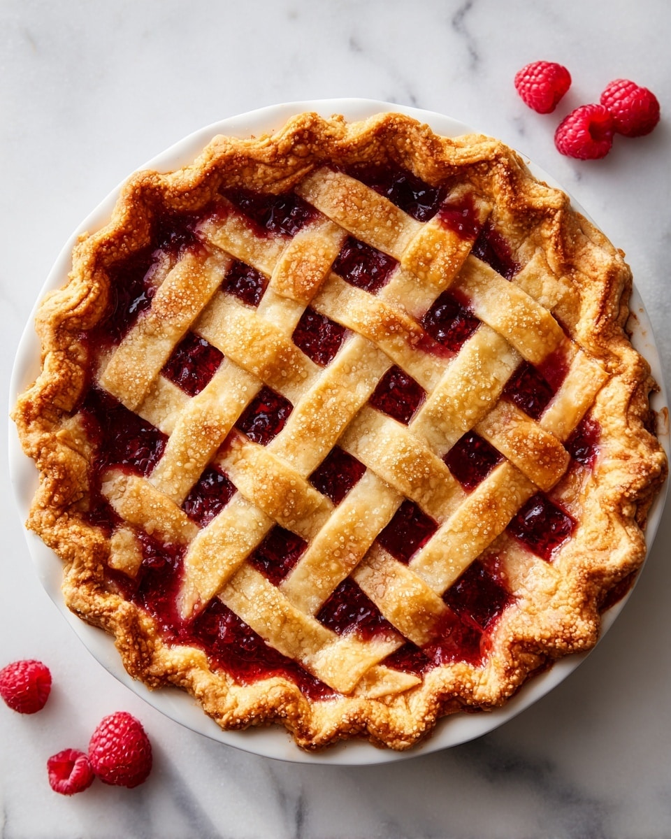 The image shows a round pie with a golden-brown lattice crust on top, made of woven strips of dough. Below the crust, red fruit filling peeks through the gaps. The edges of the crust are crimped and slightly uneven, adding a homemade feel. The pie is placed in a white ceramic dish resting on a white marbled surface. Nearby, a few raspberries lie scattered, adding a pop of bright red color. photo taken with an iphone --ar 4:5 --v 7