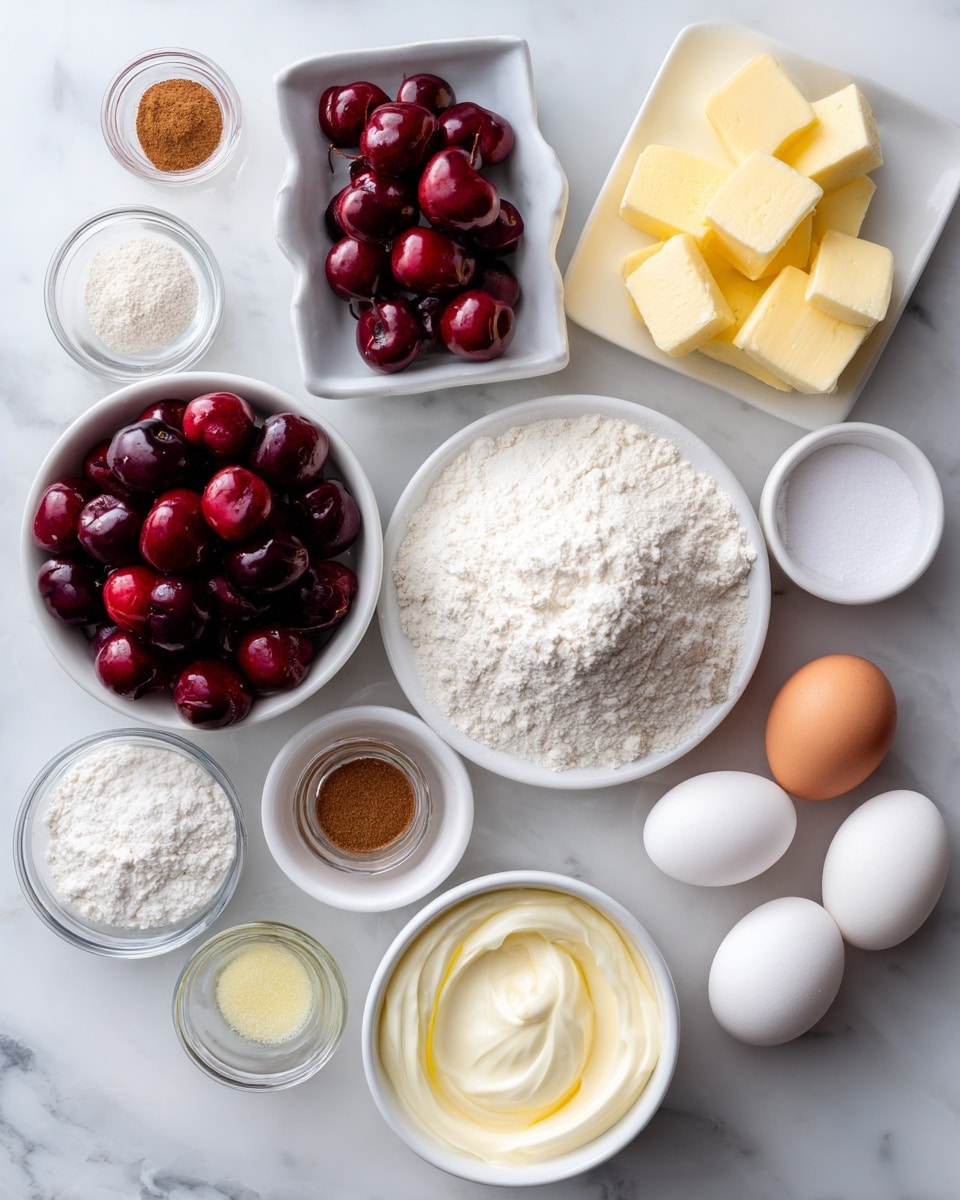 The image shows several small white bowls and plates arranged on a white marbled surface. One bowl is filled with dark red cherries, a square white plate holds a mound of white flour, and another bowl contains white granulated sugar. A small plate has yellow butter sticks with some cubes, while another bowl is filled with creamy white yogurt. Three whole white eggs rest beside these, and clear glass bowls contain light brown sugar, cinnamon powder, vanilla extract, lemon juice, and small amounts of white powders, likely baking agents. The composition is neat and bright with a soft natural light. Photo taken with an iphone --ar 4:5 --v 7