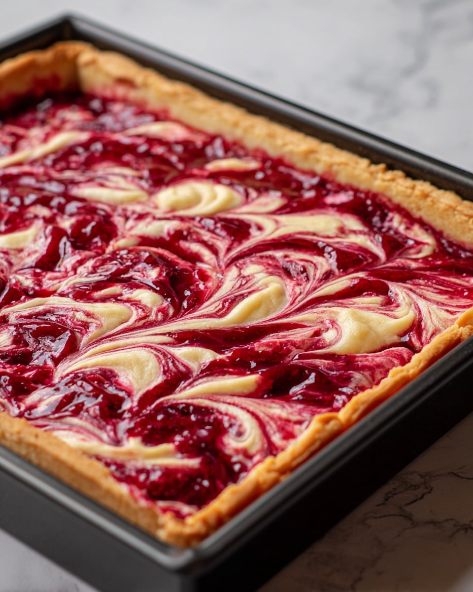 The image shows a close-up of a fresh-baked fruit tart in a rectangular black baking pan. The tart has a golden, lightly browned thick crust that forms the base and edges, holding a thick layer of shiny, deep red fruit filling that looks juicy and slightly syrupy. Swirls of pale beige dough are mixed into the red fruit layer, creating a marbled effect on the top surface. The whole tart sits on a white marbled surface. photo taken with an iphone --ar 4:5 --v 7