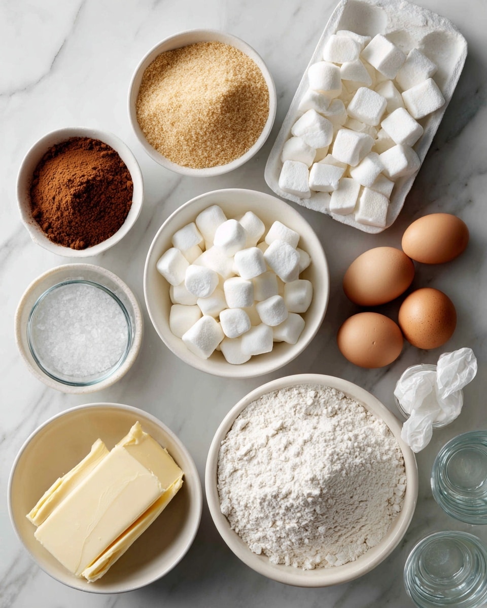 The image shows several white bowls and containers placed on a white marbled surface, each filled with different baking ingredients. There are two bowls with light brown and dark brown powders, one bowl full of white marshmallows, a small bowl containing coarse salt, a carton with six eggs, a large white bowl filled with white flour, and two glass containers holding clear liquids. There is also a stick of butter wrapped in paper lying on the surface beside the bowls. The setup is neat, and all items are arranged closely together. Photo taken with an iphone --ar 4:5 --v 7
