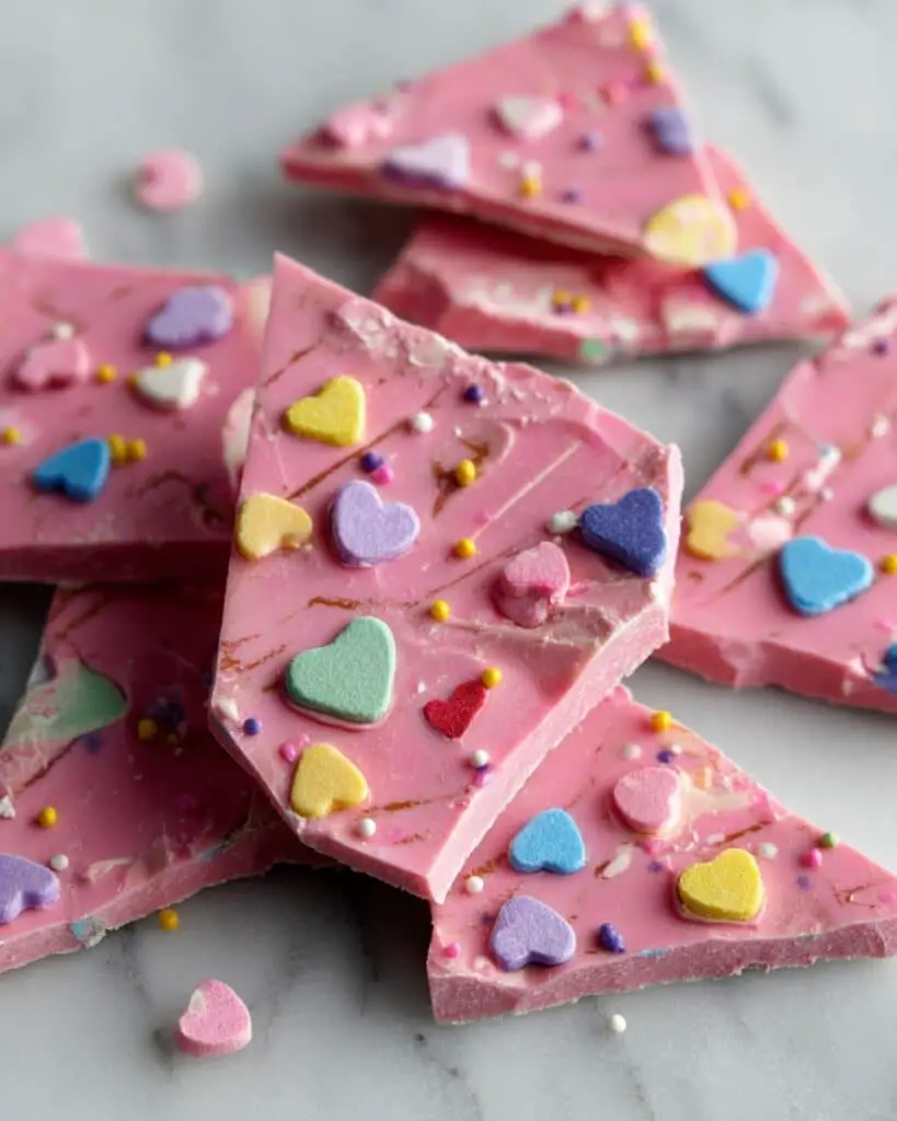 Valentine’s Day Chocolate Bark with Sprinkles, Marshmallows, and Conversation Hearts Recipe