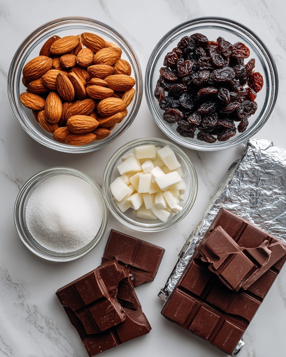 The image shows five clear bowls on a white marbled surface. One bowl holds whole almonds, another contains large dark raisins. A smaller bowl has a small amount of white salt. Another bowl is filled with coarse white sugar. Next to the bowls is a block of dark chocolate still partly wrapped in silver foil with some chocolate squares broken off. The bowls and chocolate are arranged neatly, creating a clean and simple look. photo taken with an iphone --ar 4:5 --v 7