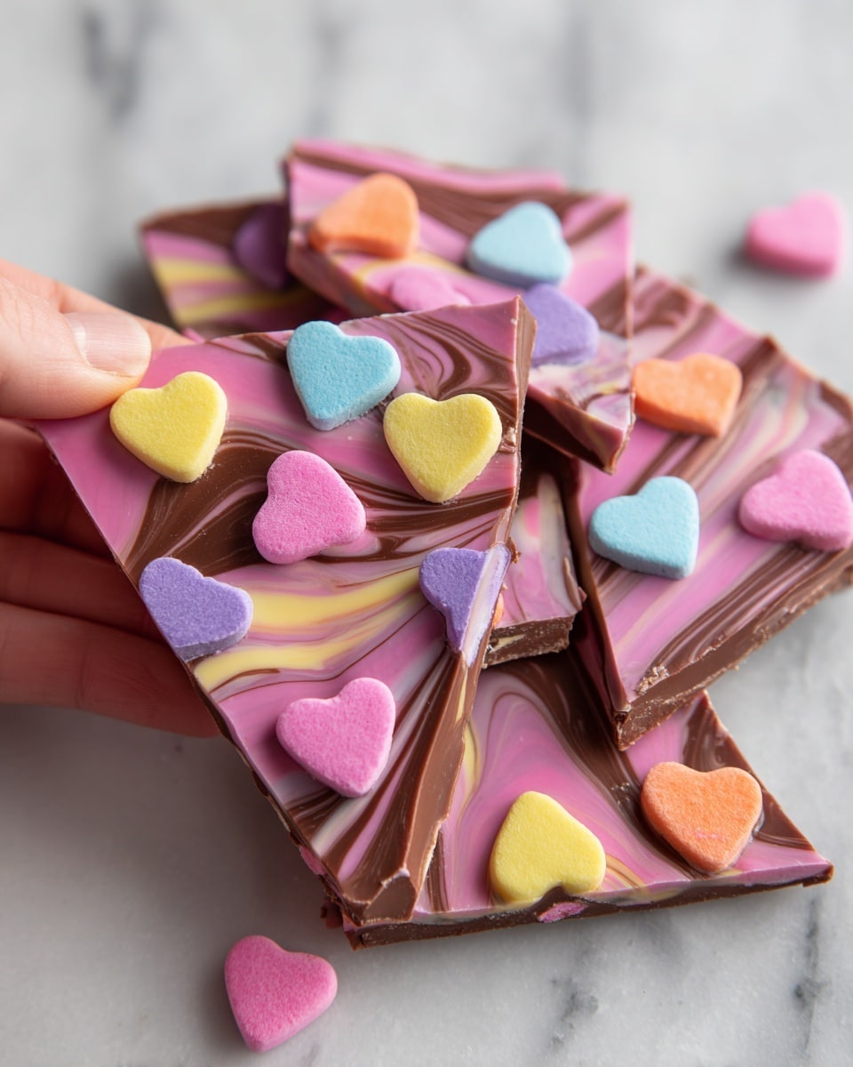 The image shows multiple pieces of pink chocolate bark broken into irregular squares and triangles, each decorated with colorful candy conversation hearts on top, featuring pastel shades of yellow, purple, blue, orange, and pink. The chocolate bark has a smooth, glossy surface with dark chocolate swirls creating a marbled effect across the top. Scattered small pink candy hearts are also spread around the pieces on a white marbled textured surface. A woman's hand is visible, holding one piece of the chocolate bark from the edge. Photo taken with an iphone --ar 4:5 --v 7