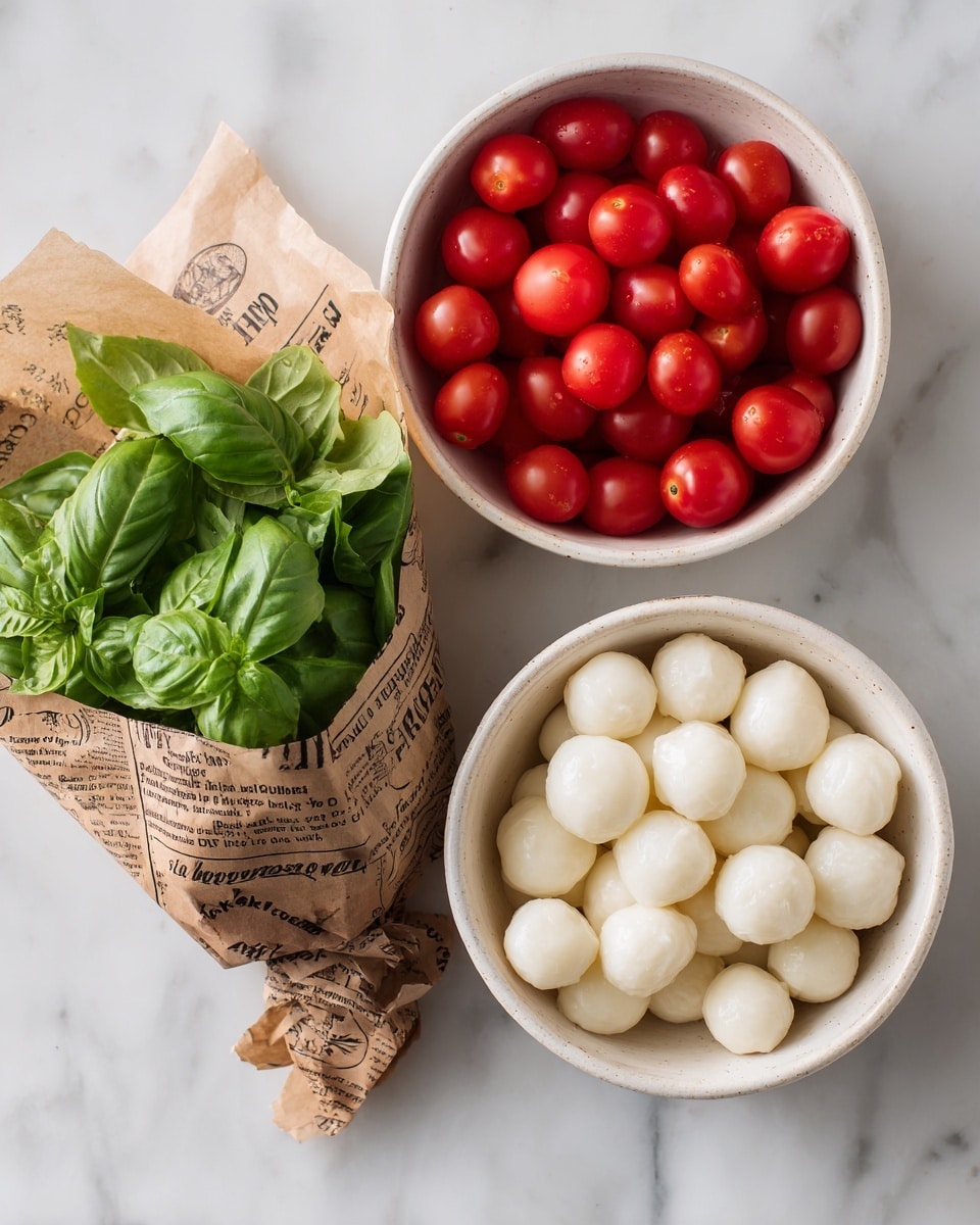The image shows three food items on a white marbled surface. On the top right, there is a white bowl filled with small, round white balls, which look soft and smooth. Below it, on the bottom right, there is another white bowl full of small, shiny, red tomatoes that have a smooth skin. On the left side, there is a bunch of fresh green basil leaves wrapped in brown paper with printed text, showing a smooth and leafy texture. photo taken with an iphone --ar 4:5 --v 7