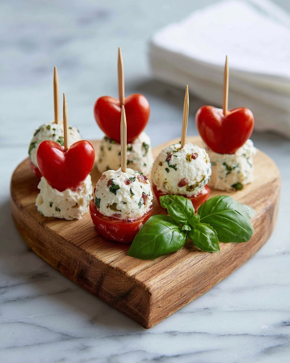 A wooden heart-shaped board holds six small skewers with three layers each: a round white cheese ball with red and green herbs and spices, a bright red tomato piece shaped like a heart, and another white cheese ball with herbs and spices. Alongside the skewers, there are fresh green basil leaves placed on the board. The board is set on a white marbled surface, and in the background, there is a stack of white napkins. The photo was taken with an iphone --ar 4:5 --v 7