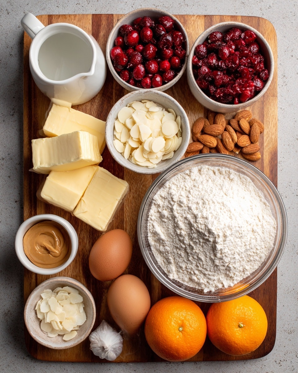 The image shows a wooden board with baking ingredients neatly placed on it. At the top right, there is a large clear bowl filled with white flour. Next to it are small bowls holding red cranberries, white almond slices, and a bit of salt. On the left side, there are blocks of butter, a white cup of sugar, and a small bowl of peanut butter. An orange, an egg, and a bottle of vanilla extract are also on the board. The colors are warm and natural, with a mix of white, orange, red, and brown shades. The texture is smooth for butter and sugar, rough for flour, and fresh for fruits. photo taken with an iphone --ar 4:5 --v 7