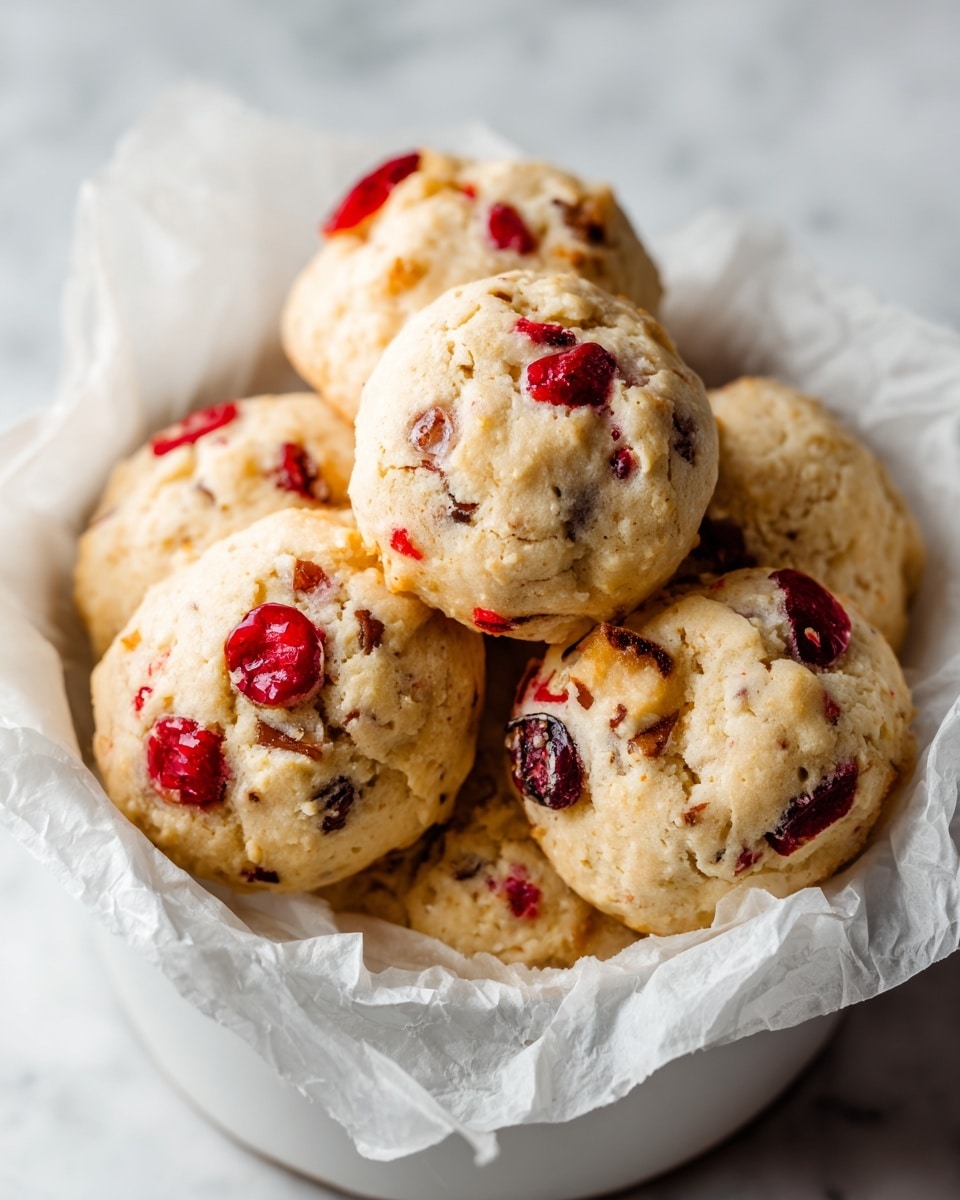 The image shows a pile of round cookies with a light golden brown surface dotted with bright red pieces of fruit, likely cherries, and small bits of a darker ingredient, possibly nuts or chocolate. The cookies have a slightly rough texture with some cracks and a soft, crumbly look. They are stacked in a white container lined with crinkled white parchment paper. The background is a white marbled texture. photo taken with an iphone --ar 4:5 --v 7