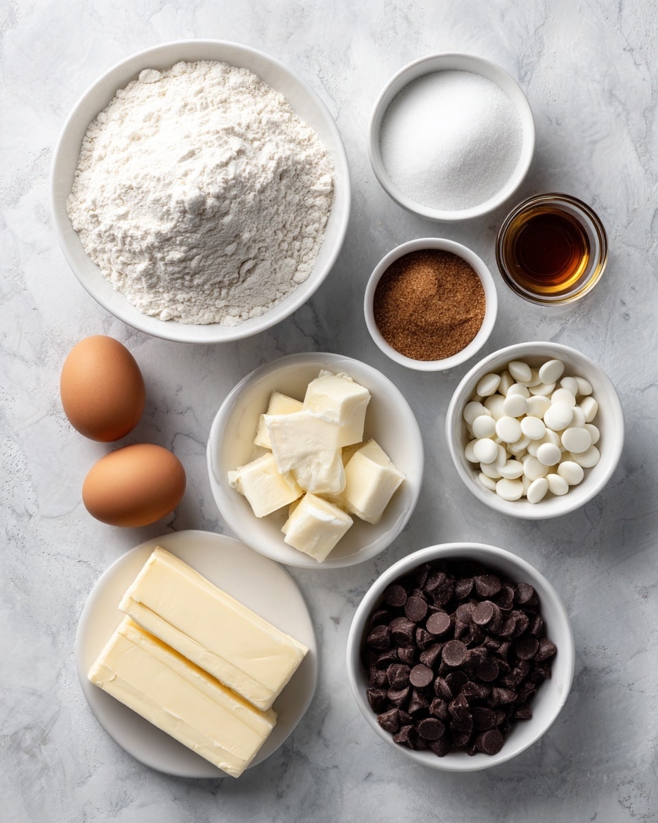 The image shows a white marbled surface with several white bowls and two eggs arranged neatly. There is a large white bowl filled with flour, a smaller white bowl with brown sugar, another white bowl with white sugar, a third white bowl with white round candies or mints, and a fourth white bowl filled with dark chocolate chips. Two sticks of butter lie next to the bowls, and a small glass container holds a brown liquid, likely vanilla extract. The two eggs are placed near the bowls creating an organized and clean layout. Photo taken with an iphone --ar 4:5 --v 7