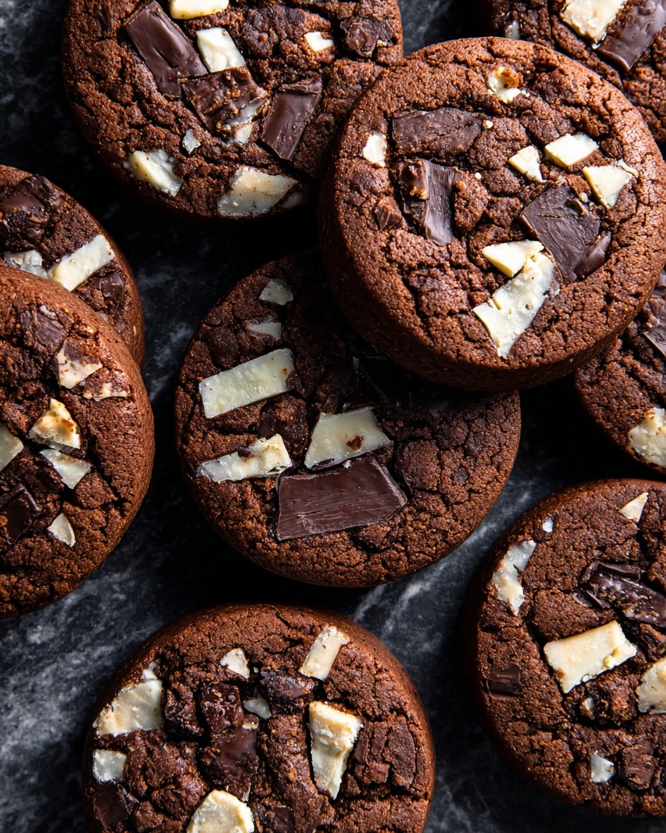 The image shows several dark brown chocolate cookies tightly arranged on a dark surface replaced by a white marbled texture. Each cookie has a rough, cracked texture on top with scattered chunks of white and darker chocolate embedded in the surface. The cookies are thick and round, with the visible top layer featuring uneven white chocolate pieces contrasting against the deep brown color of the cookie dough. The cookies overlap slightly, filling the frame closely. photo taken with an iphone --ar 4:5 --v 7