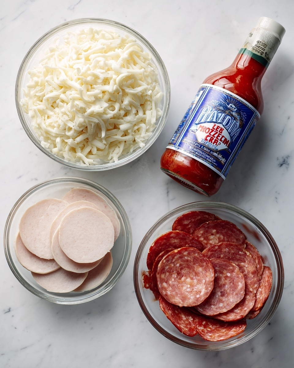 A white marbled surface holds four items neatly spaced: a clear glass bowl filled with shredded white cheese with a soft, fluffy texture; another clear glass bowl containing several round slices of pale pink deli meat stacked evenly; a tall blue and white cylindrical can of pizza crust mix standing upright; and a red bottle of hot sauce with a green and white label, capped tightly. photo taken with an iphone --ar 4:5 --v 7