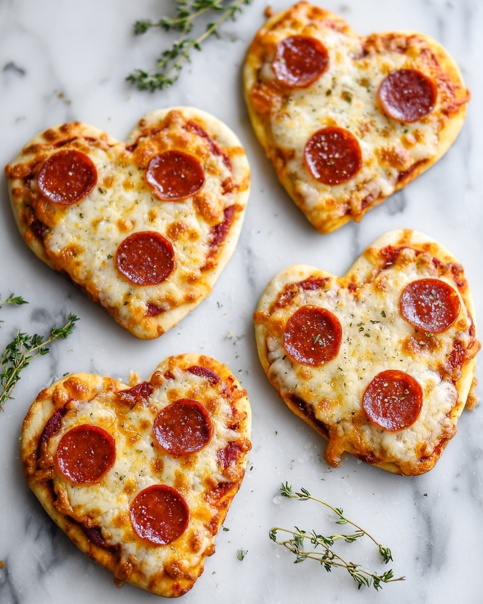 The image shows four heart-shaped pizzas on a white marble surface, each topped with melted cheese that has a golden brown color and slightly bubbly texture. Each pizza has several small pepperoni slices shaped like hearts evenly spread on top, adding a bright red and slightly shiny contrast to the cheese. The crust is light golden brown with a soft and slightly crispy texture, forming the clear heart shape. There are sprigs of green herbs, likely thyme, placed near the pizzas for decoration. Photo taken with an iphone --ar 4:5 --v 7
