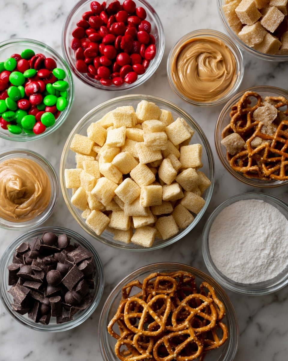 A white marbled surface holds seven clear glass bowls arranged in a loose circle. At the center is a large bowl filled with square, pale yellow cereal pieces. Surrounding it are smaller bowls with various snack ingredients: bright red and green candy-coated chocolates in one, light brown creamy peanut butter in another, dark brown chocolate chips, small round caramel candies, white powdered sugar, and small twisted pretzels. The overall look is colorful and inviting with a mix of smooth, crunchy, and powdery textures. Photo taken with an iphone --ar 4:5 --v 7