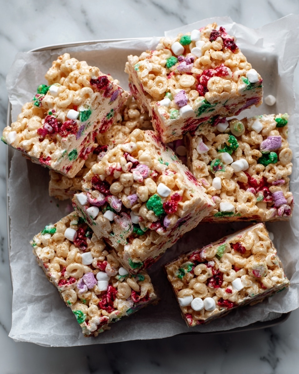 The image shows a tray of colorful cereal treats. The treats have many layers with small, crunchy pieces in white, along with bright red, green, and purple marshmallows scattered all over. The texture looks crunchy and sticky, holding all the pieces together. The tray is lined with white paper and is placed on a white marbled surface. The photo is taken from above, showing the full tray. photo taken with an iphone --ar 4:5 --v 7