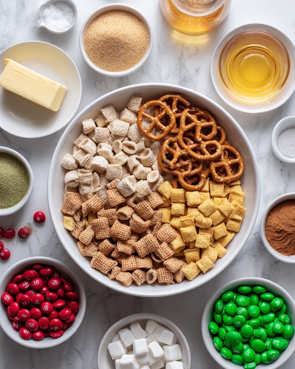 The image shows a white bowl filled with three types of snacks evenly divided inside: light tan circular cereal pieces, square-shaped cereal pieces in a slightly darker tan, and golden-brown pretzels. Around the bowl, there are smaller white bowls and dishes arranged on a white marbled surface. These hold light brown breadcrumbs, golden syrup, a pale yellow stick of butter, honey with a woman’s hand holding a small bowl nearby, cinnamon powder, green and red candy-coated chocolates, and white candy pieces. The setup is clean and organized, with the colors contrasting nicely against the white bowls and marbled background. photo taken with an iphone --ar 4:5 --v 7